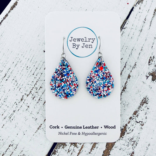 Small Teardrop Earrings: Red/White/Blue Glitter