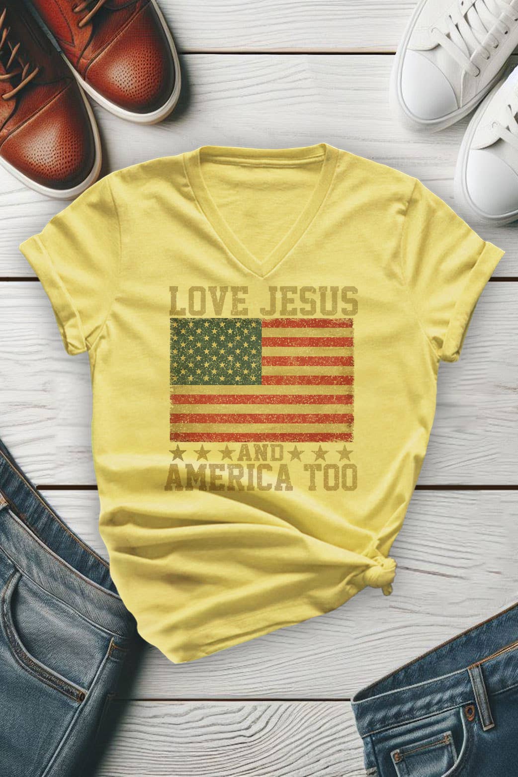 Love Jesus and America Too, 4th of July, Unisex V-neck T-Shirt