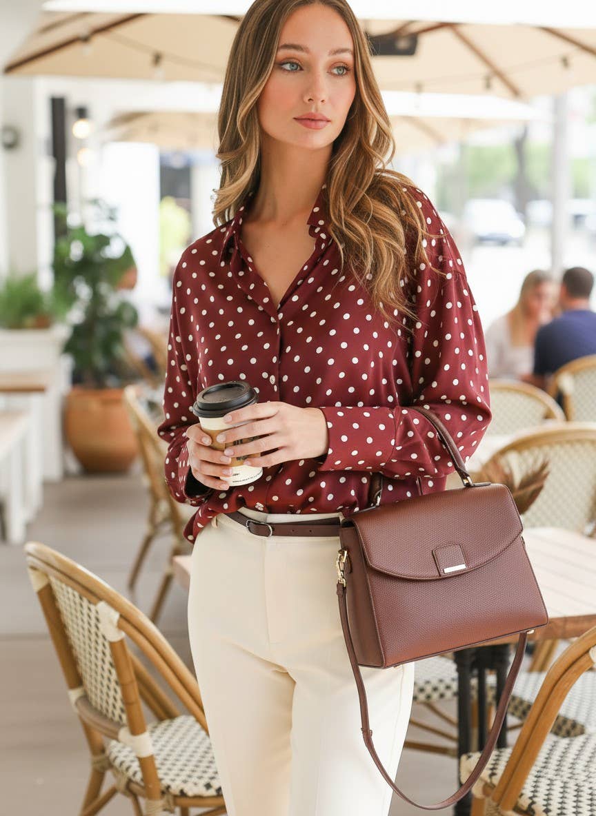 Polka Dot Collared Long-Sleeve Satin Blouse Top VT81294B