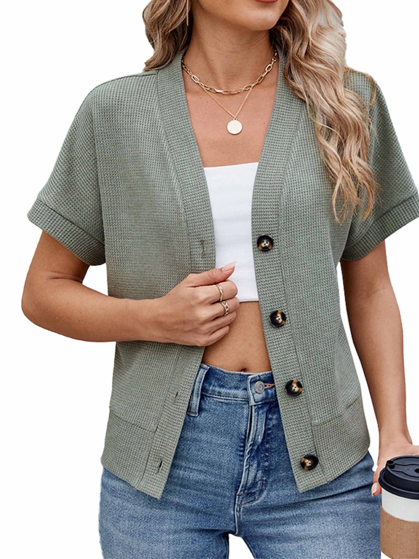 Solid Color Button Loose Short Sleeved Top