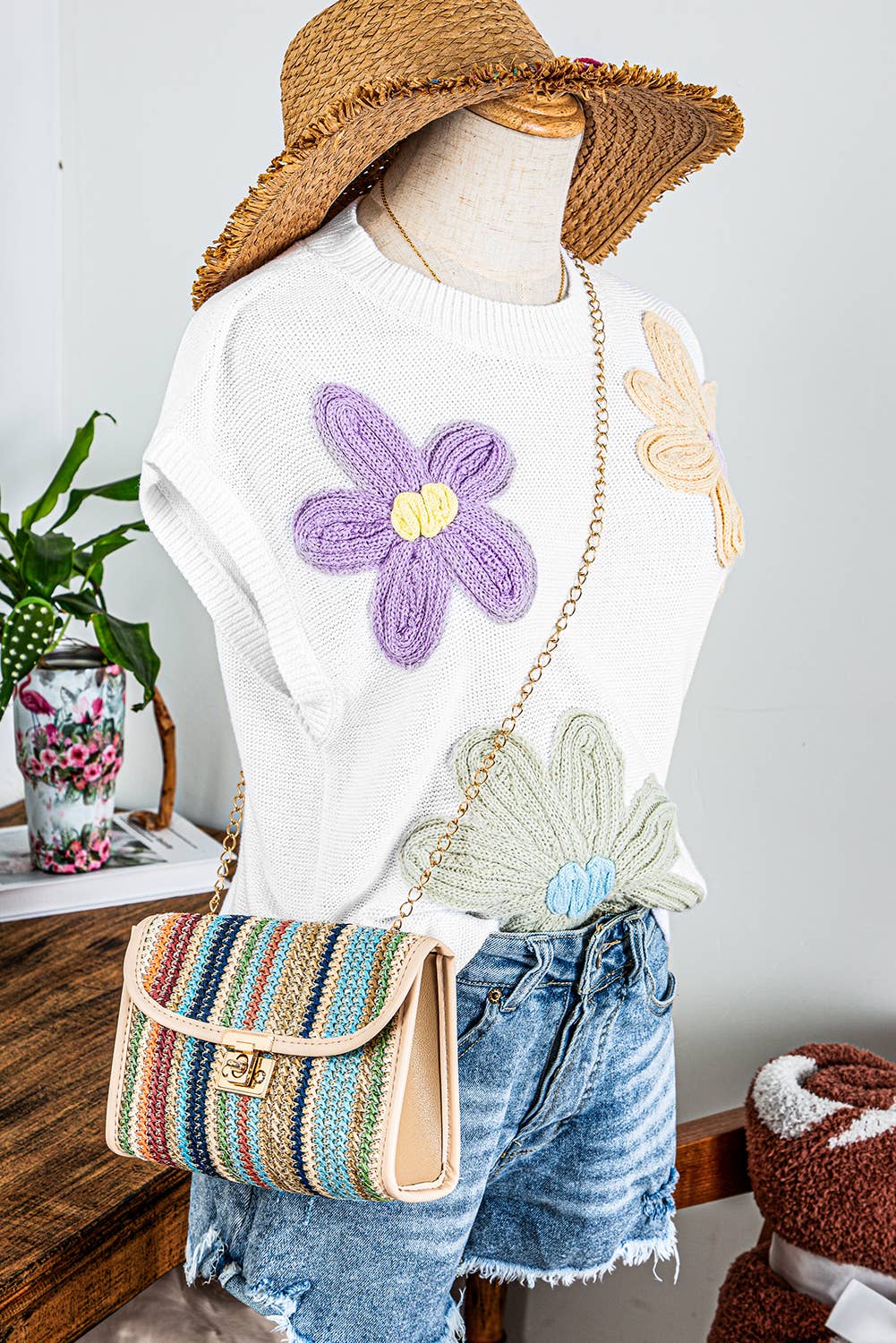 Crochet Flower Knit Short Sleeve Sweater Tops