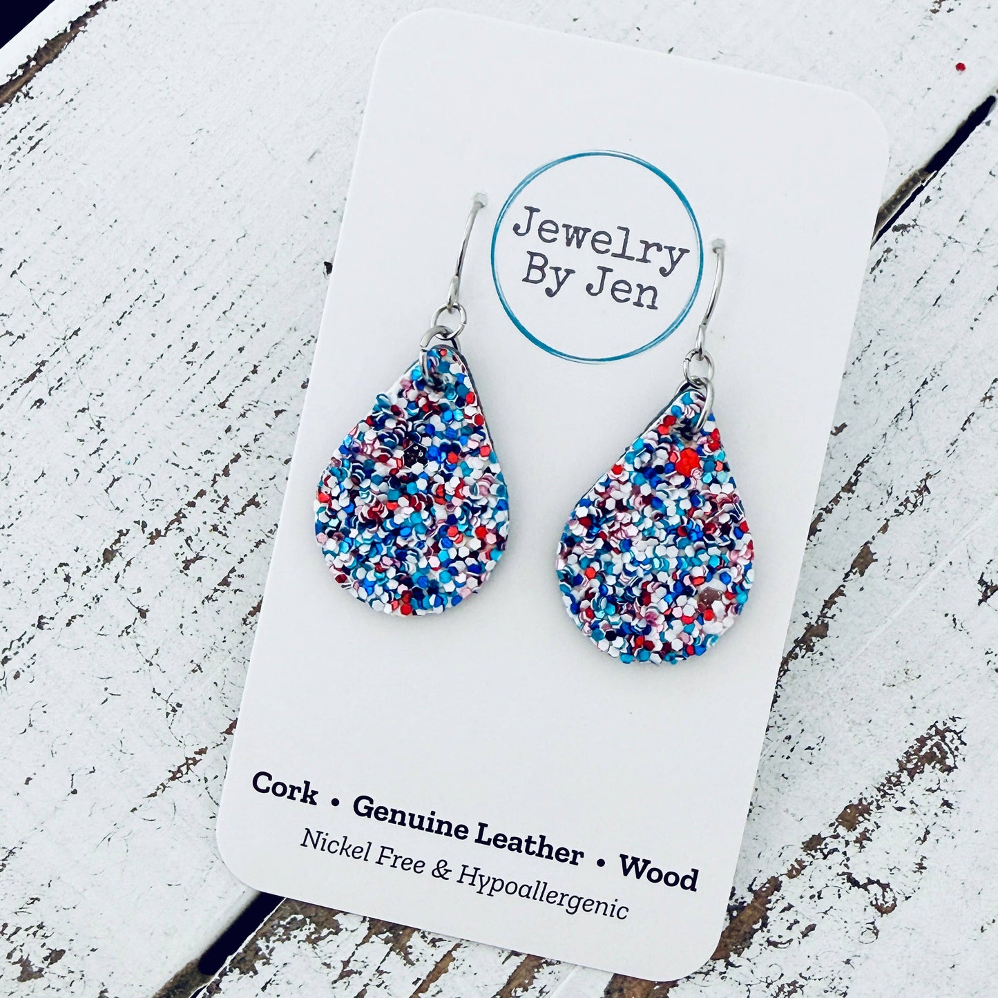 Small Teardrop Earrings: Red/White/Blue Glitter