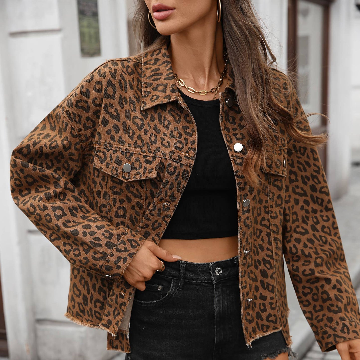 Leopard Print Denim Crop Jacket
