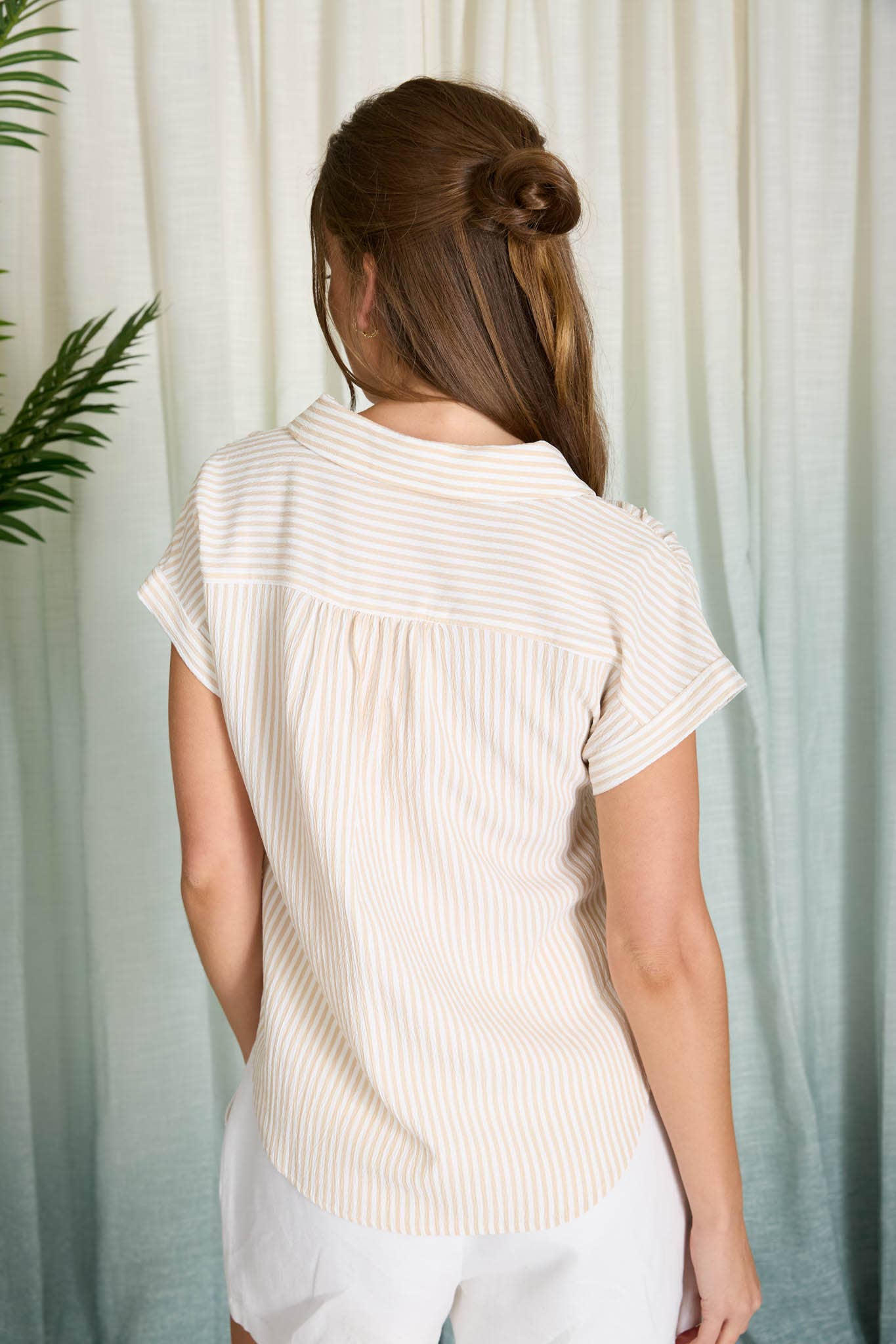 STRIPE COLLARED V NECK CUFF SLEEVE SHIRT