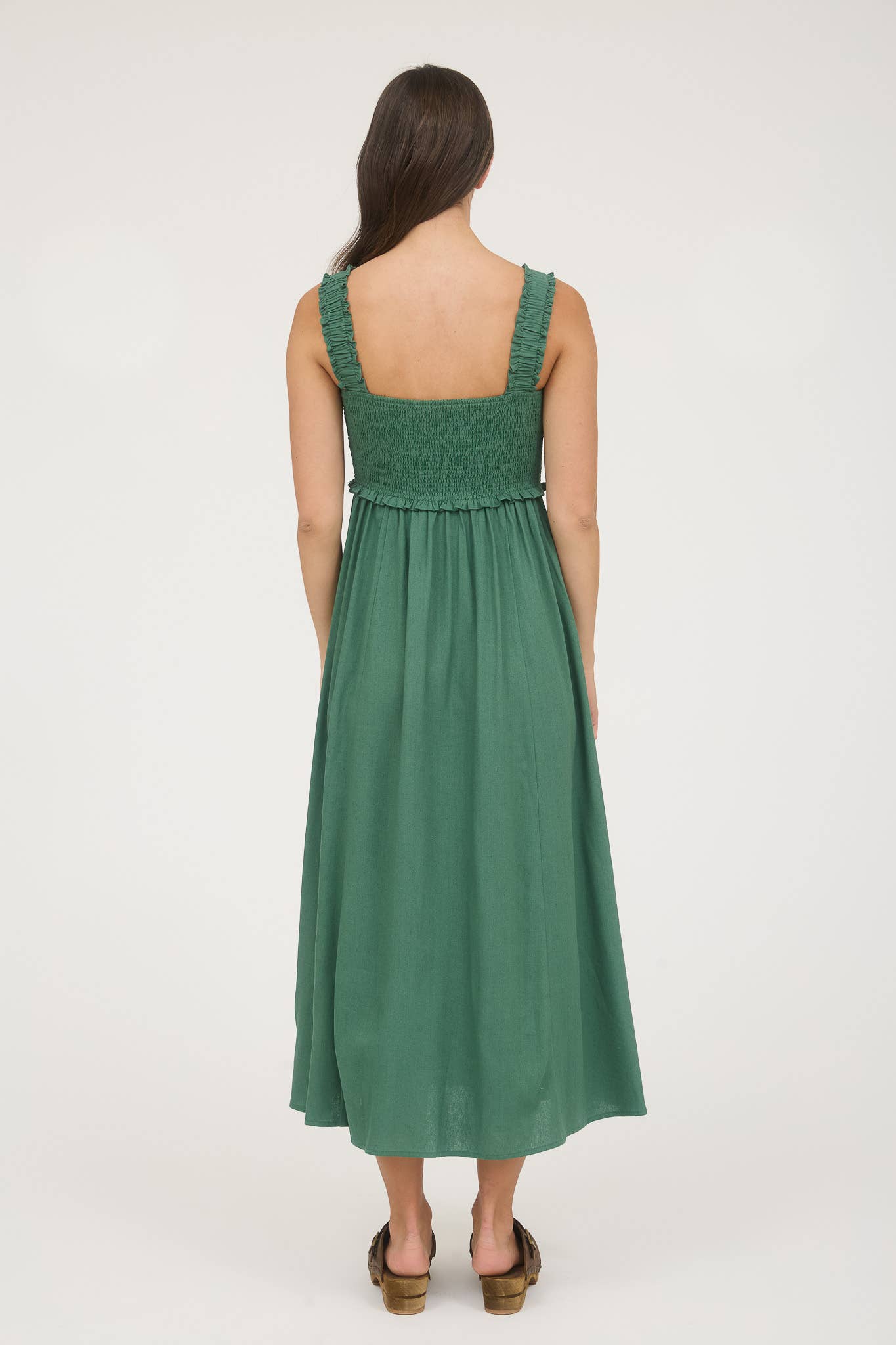 SMOCKED SLEEVELESS BUTTON DOWN MIDI DRESS