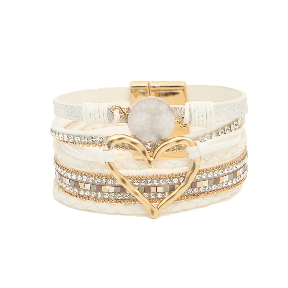 Boho Layered Heart Charm Rhinestone Magnetic Bracelet