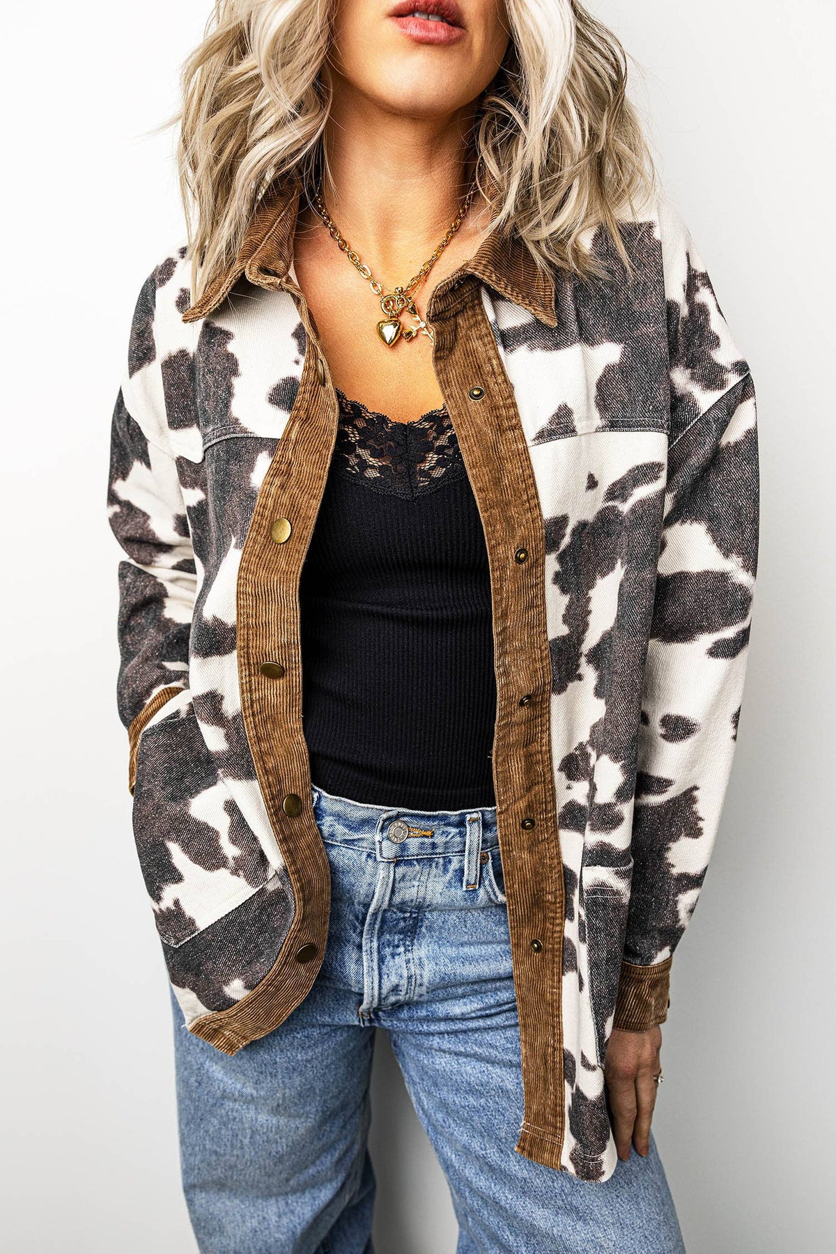 LDC Western Cow Print Long Sleeve Button-Up Denim Jacket