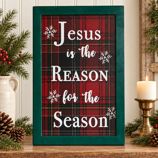 Jesus Is The Reason Plaid Christmas Wall Shelf Sign 12x8