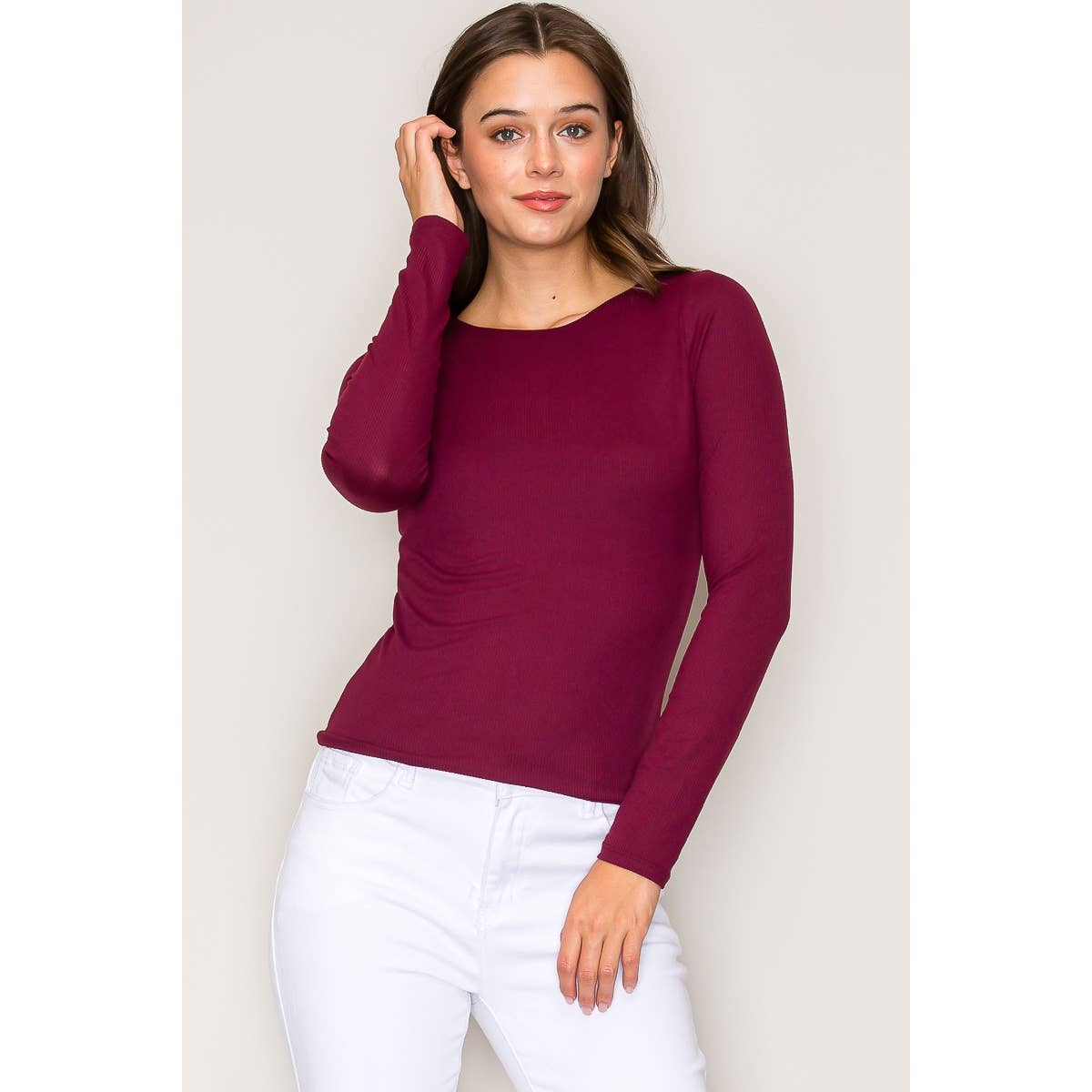 Double Layer Crew Neck Long Sleeve Rib Knit Top