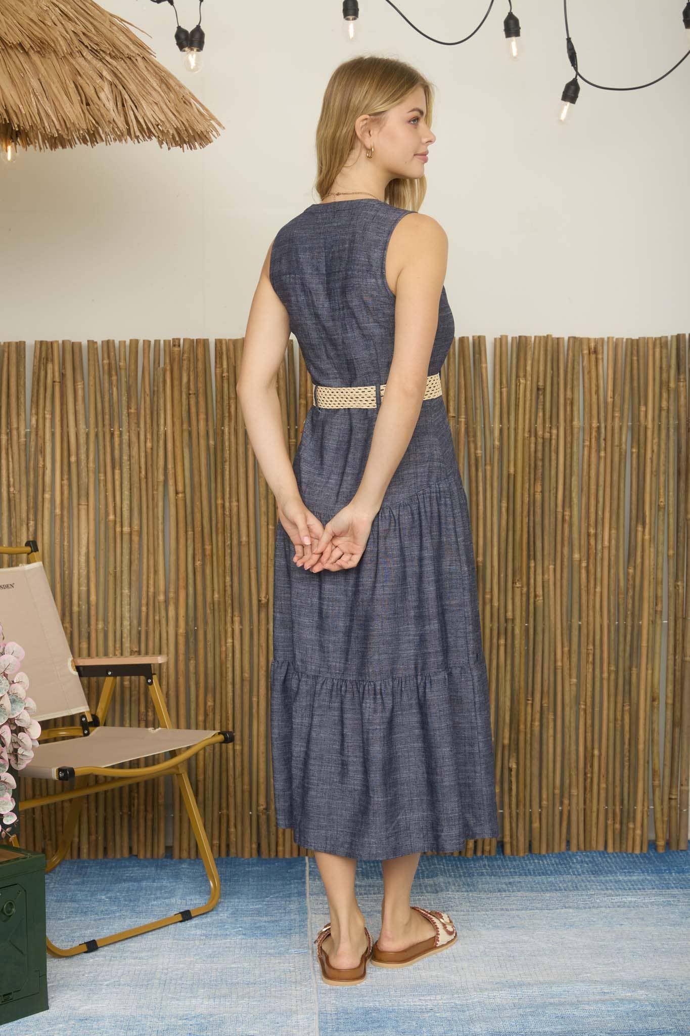 BUTTON DOWN SLEEVELESS BELTED TIERED MIDI DRESS