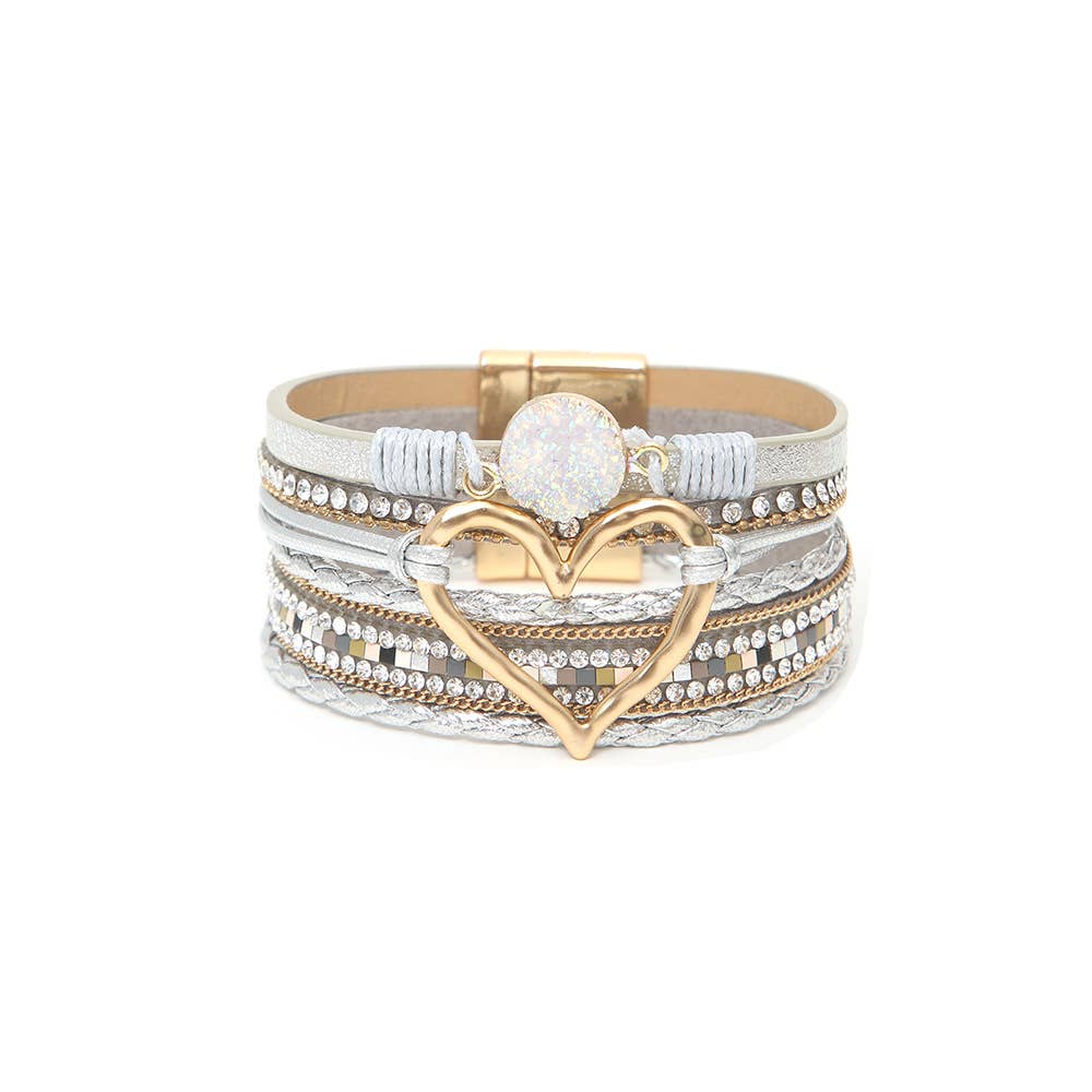 Boho Layered Heart Charm Rhinestone Magnetic Bracelet