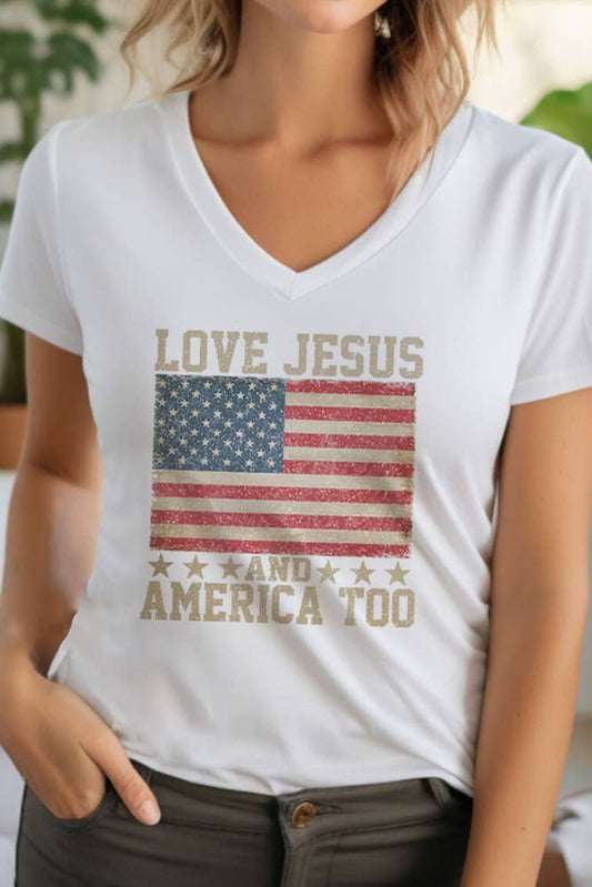 Love Jesus and America Too, 4th of July, Unisex V-neck T-Shirt