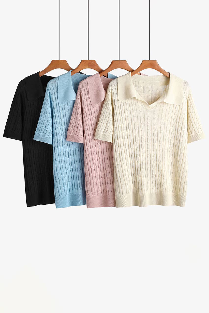 Cable Knit Short Sleeve Polo Top