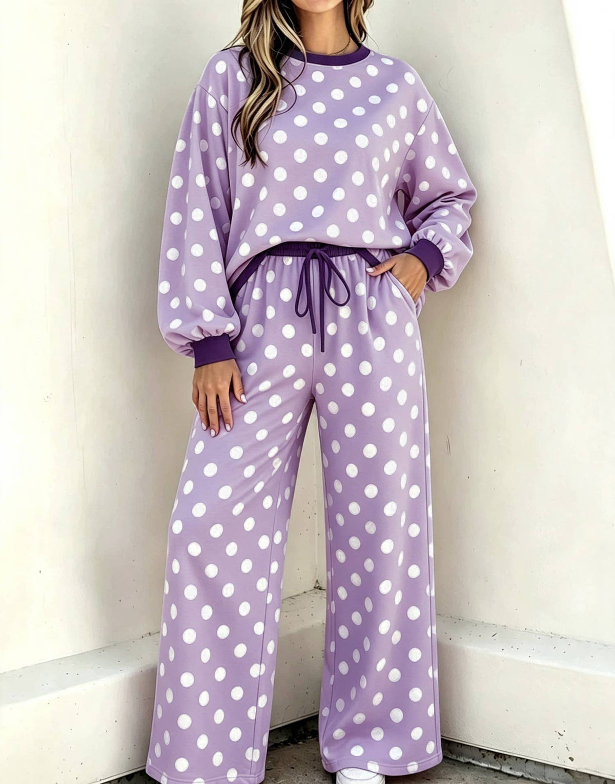 Casual Versatile Two Tone Polka Dots Crewneck Top 2PC Set