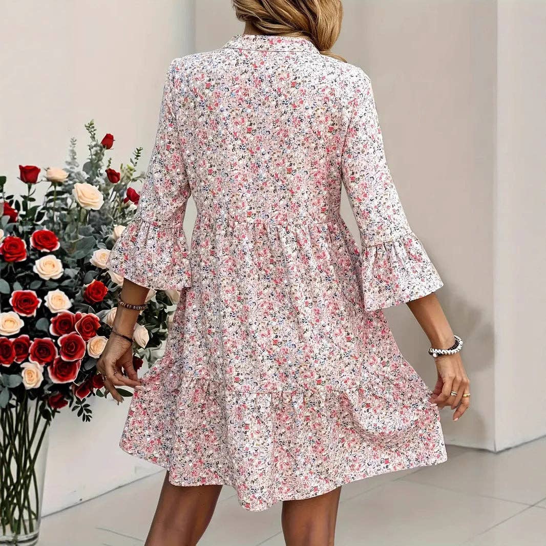 Coquette Flare Sleeve Ditsy Floral Relaxed Fall Mini Dress