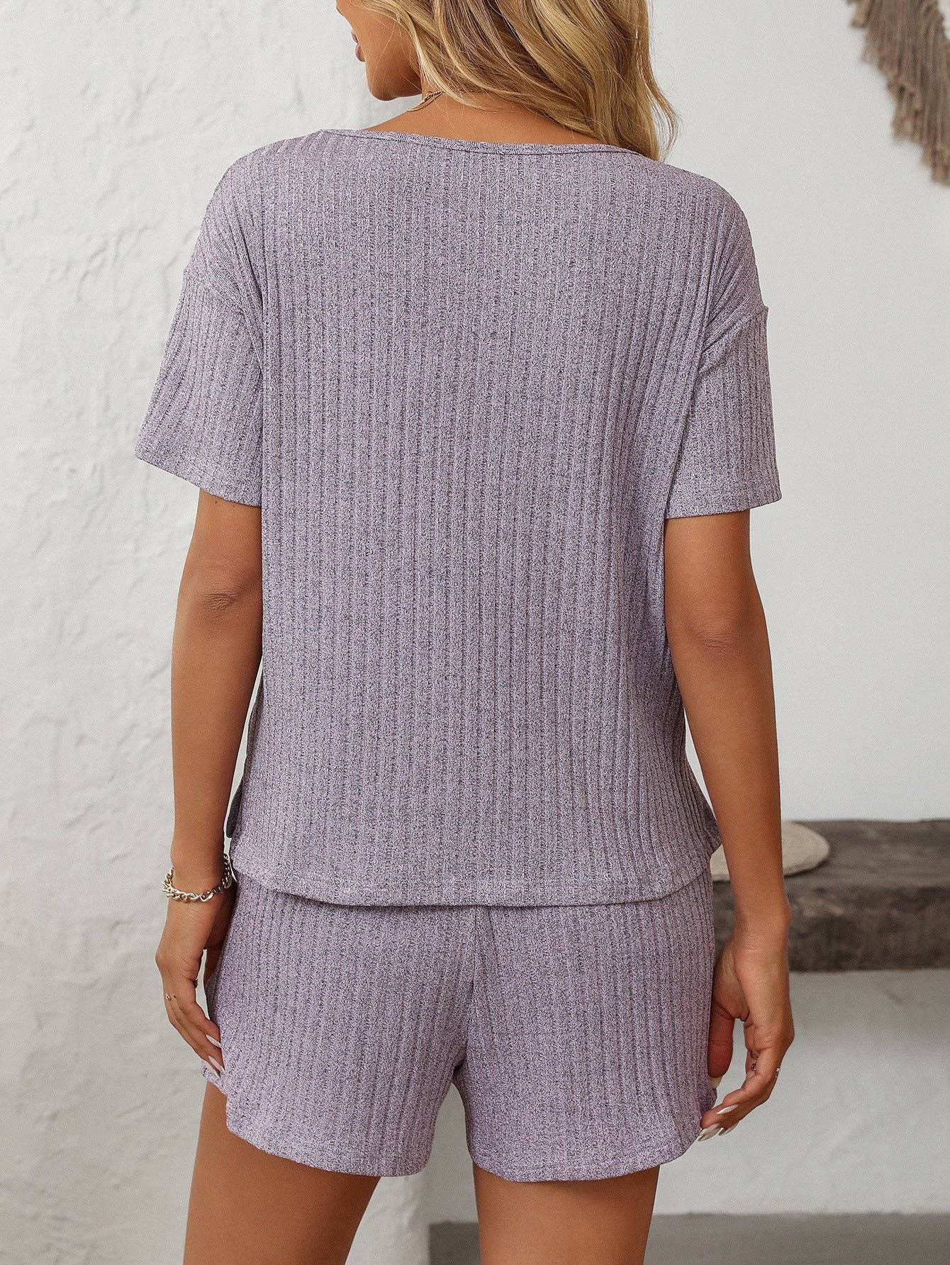 Solid Color Ribbed Short-Sleeve Pajama Loungewear Set