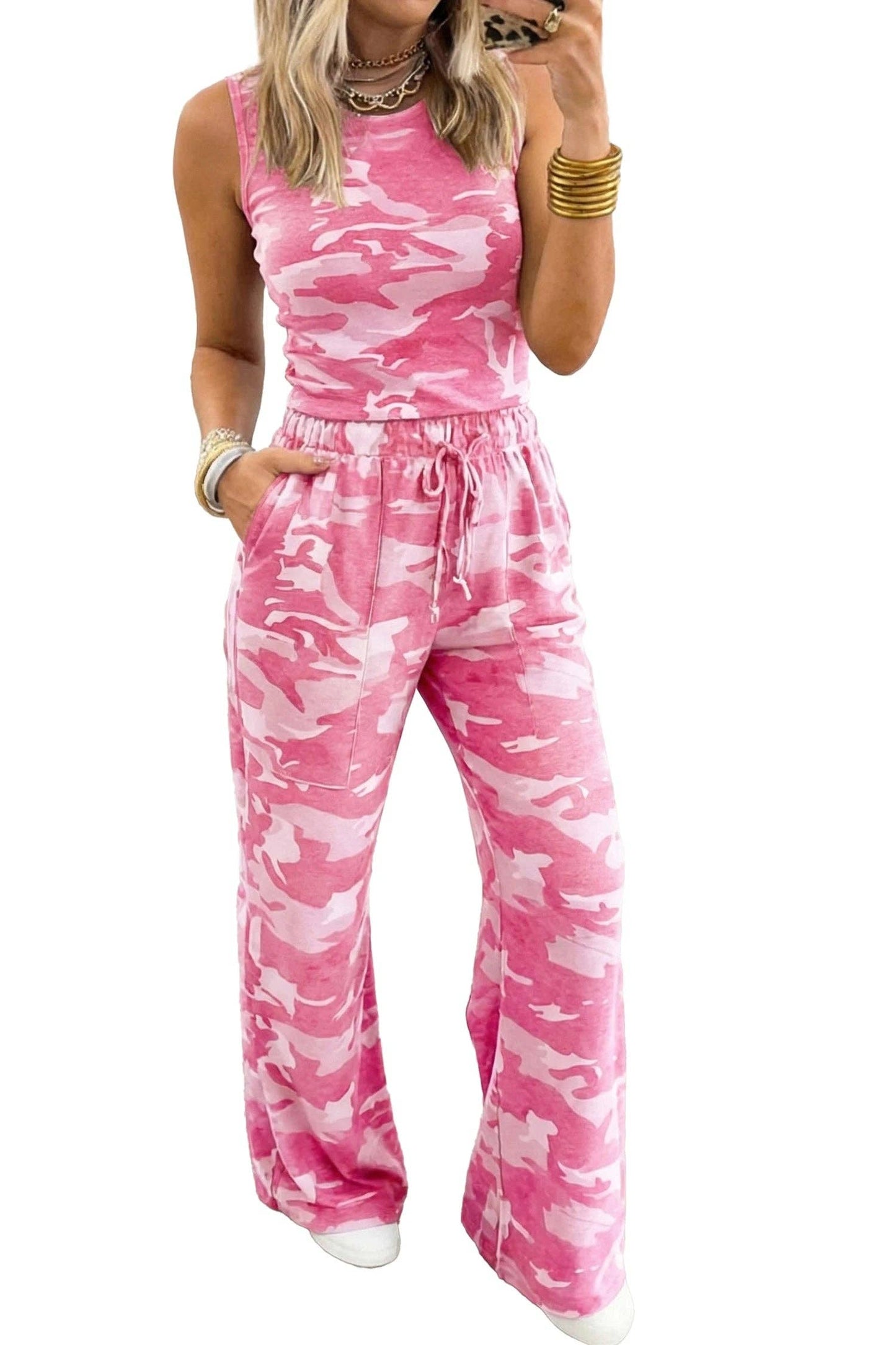 Green Camouflage Print Slim Tank Drawstring Pant Set