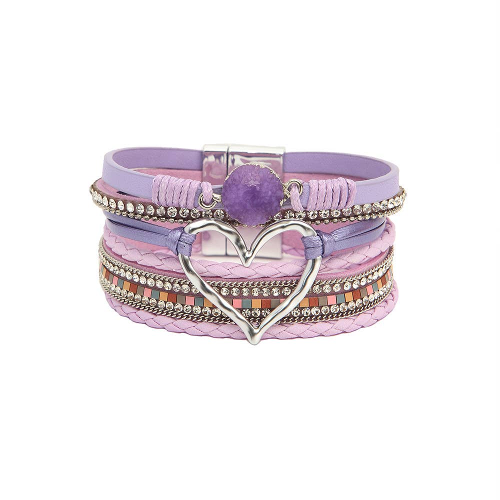 Boho Layered Heart Charm Rhinestone Magnetic Bracelet