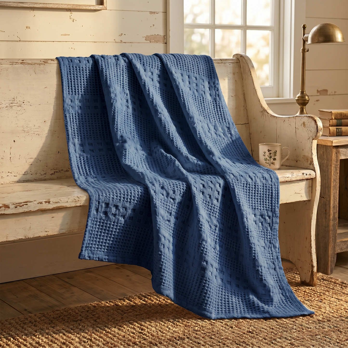 Navy Blue Waffle Weave Throw Blanket – Cotton 50x60