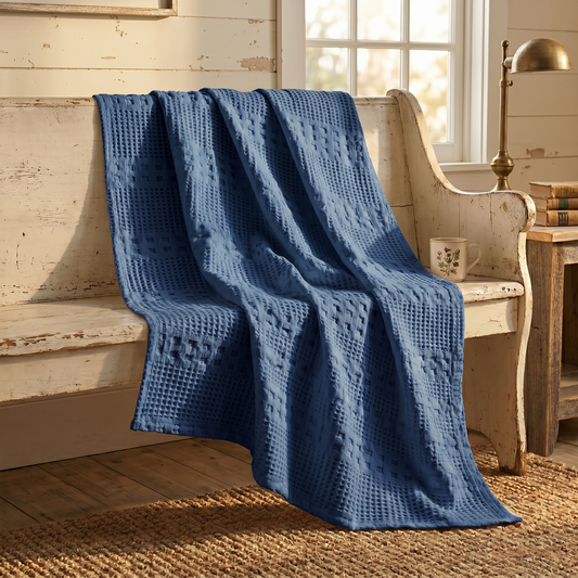 Navy Blue Waffle Weave Throw Blanket – Cotton 50x60