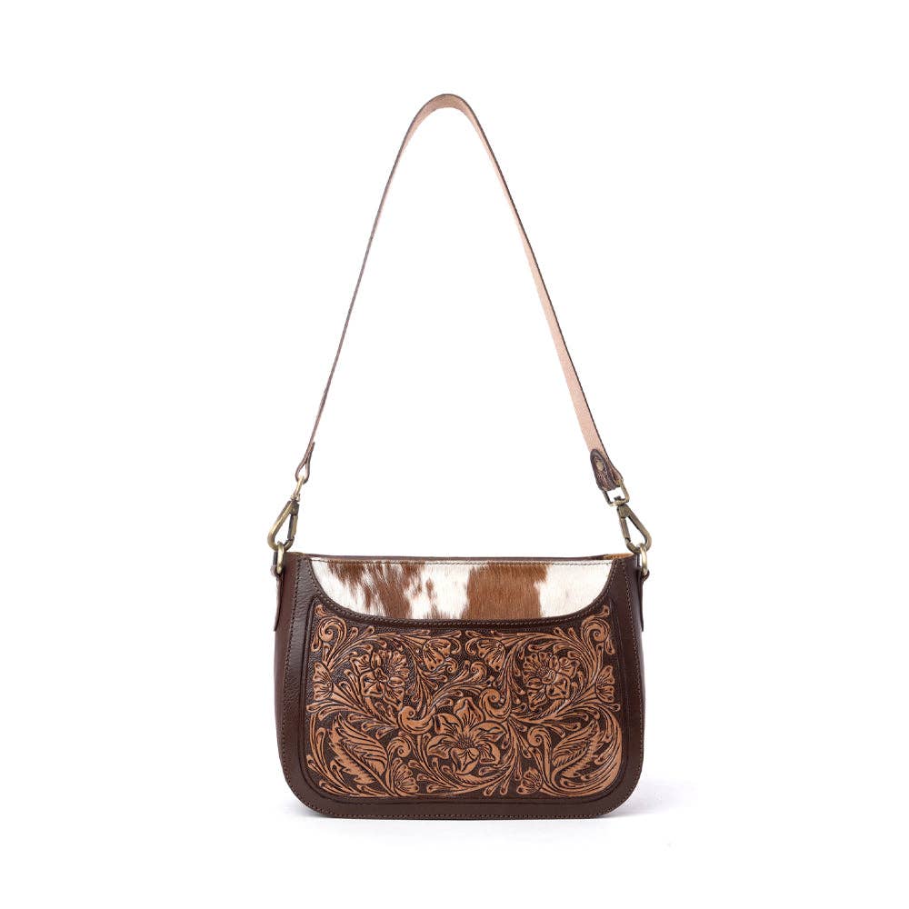 Copper Crest Handtooled Hairon Leather Clutch in Saddle Walnut