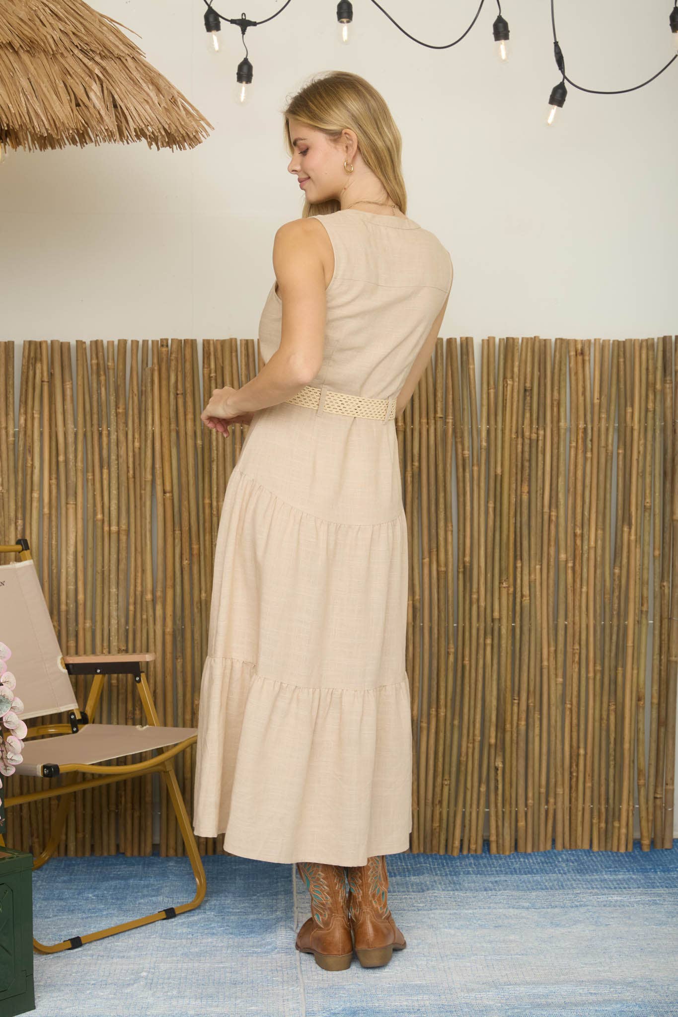 BUTTON DOWN SLEEVELESS BELTED TIERED MIDI DRESS