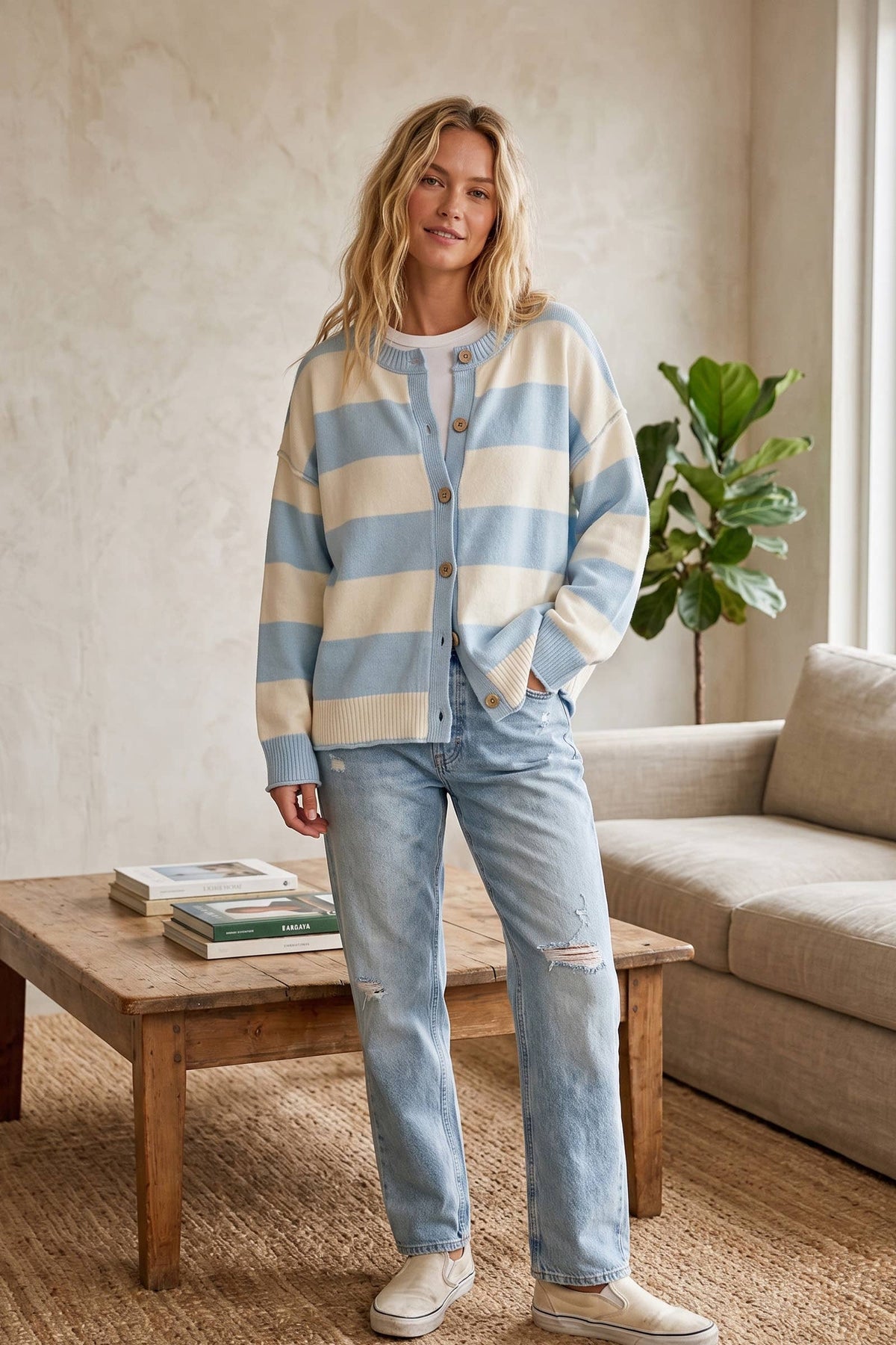 Oversized Stripe Button Front Sweater Cardigan