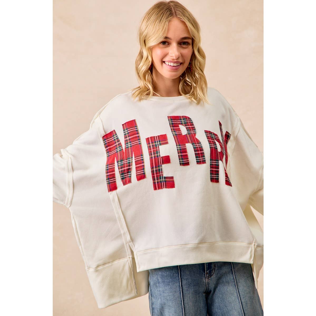CHRISTMAS PLAID MERRY LETTERING FLEECE SWEATSHIRT
