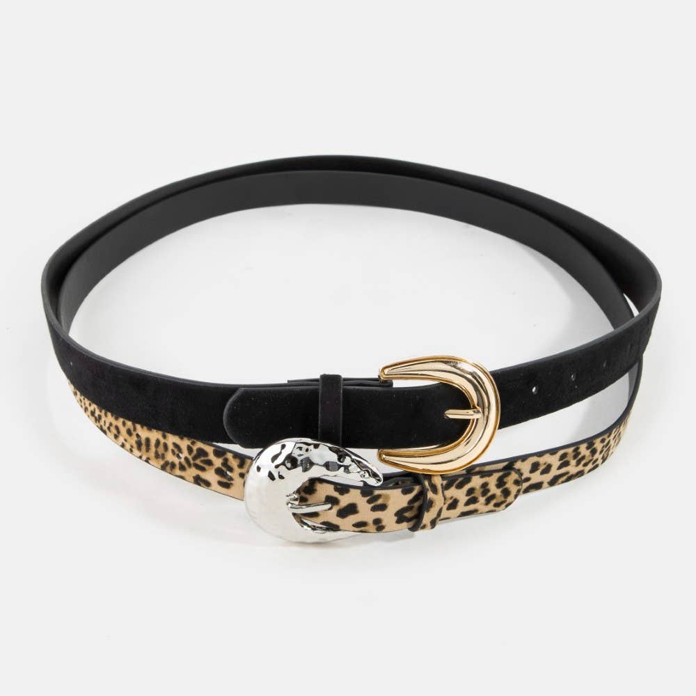 Two Piece Vegan Leather Black And Leopard Belt Set