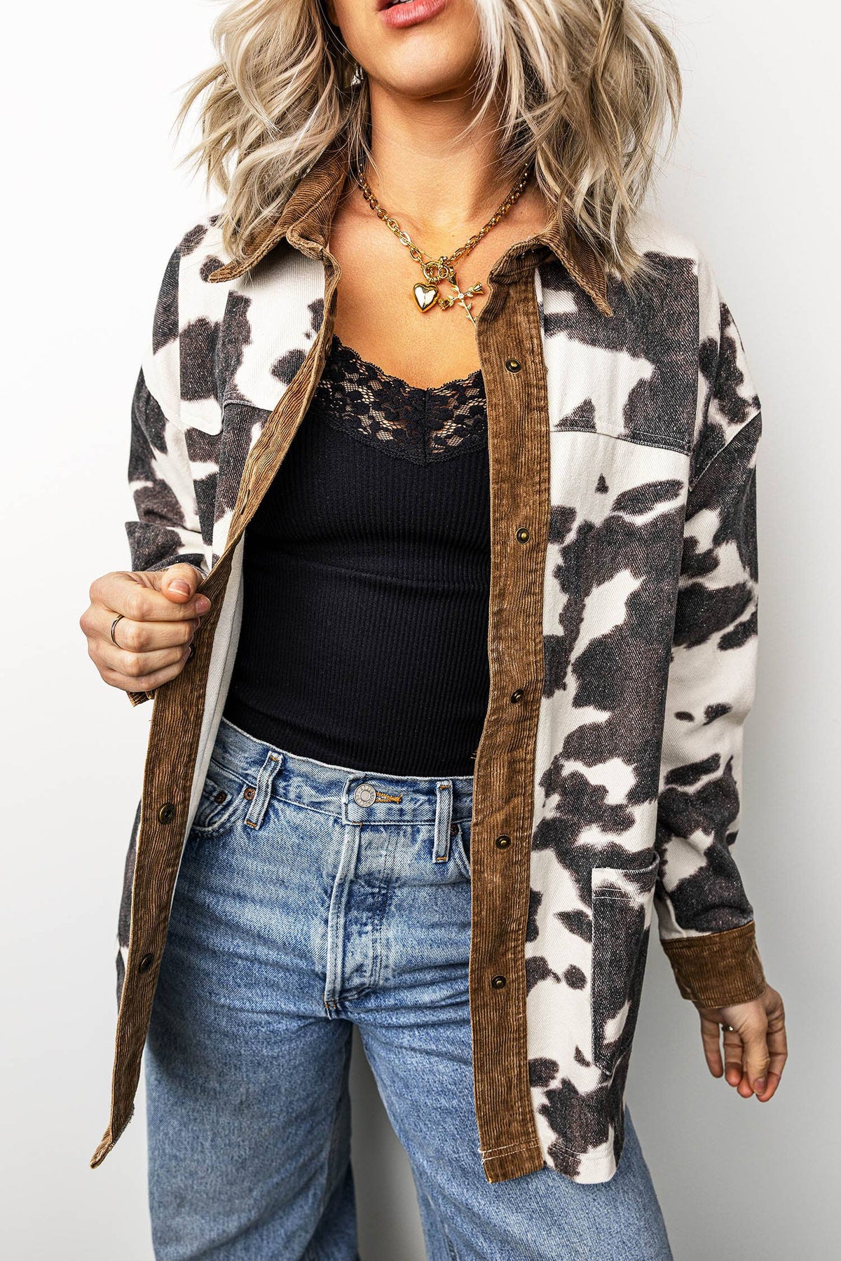 LDC Western Cow Print Long Sleeve Button-Up Denim Jacket