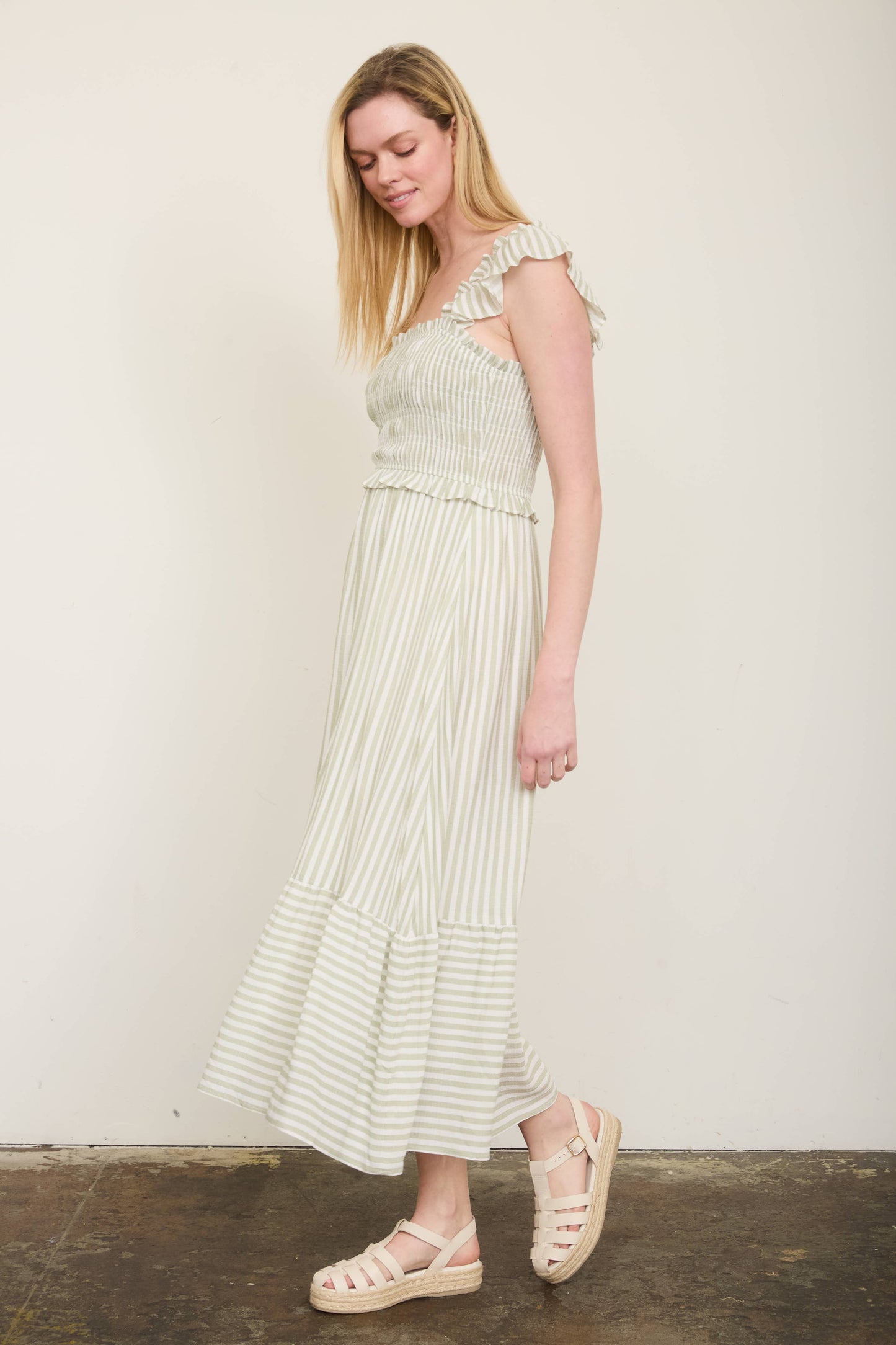 STRIPE SMOCKED RUFFLE TRIM MIDI DRESS