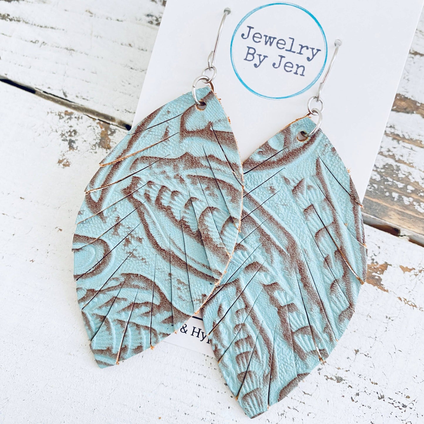 Fringe Leaf Earrings: Turquoise & Brown Western Tooled