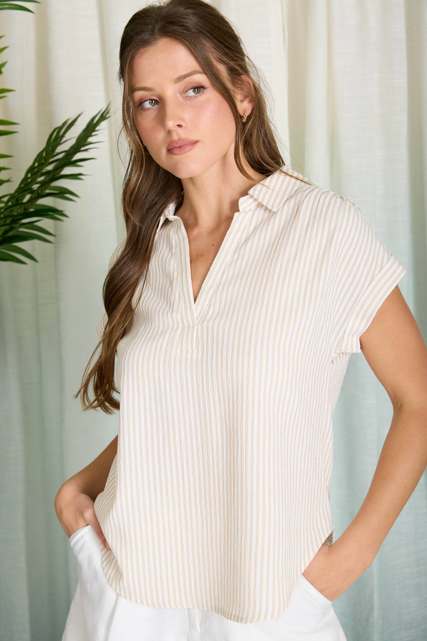 STRIPE COLLARED V NECK CUFF SLEEVE SHIRT