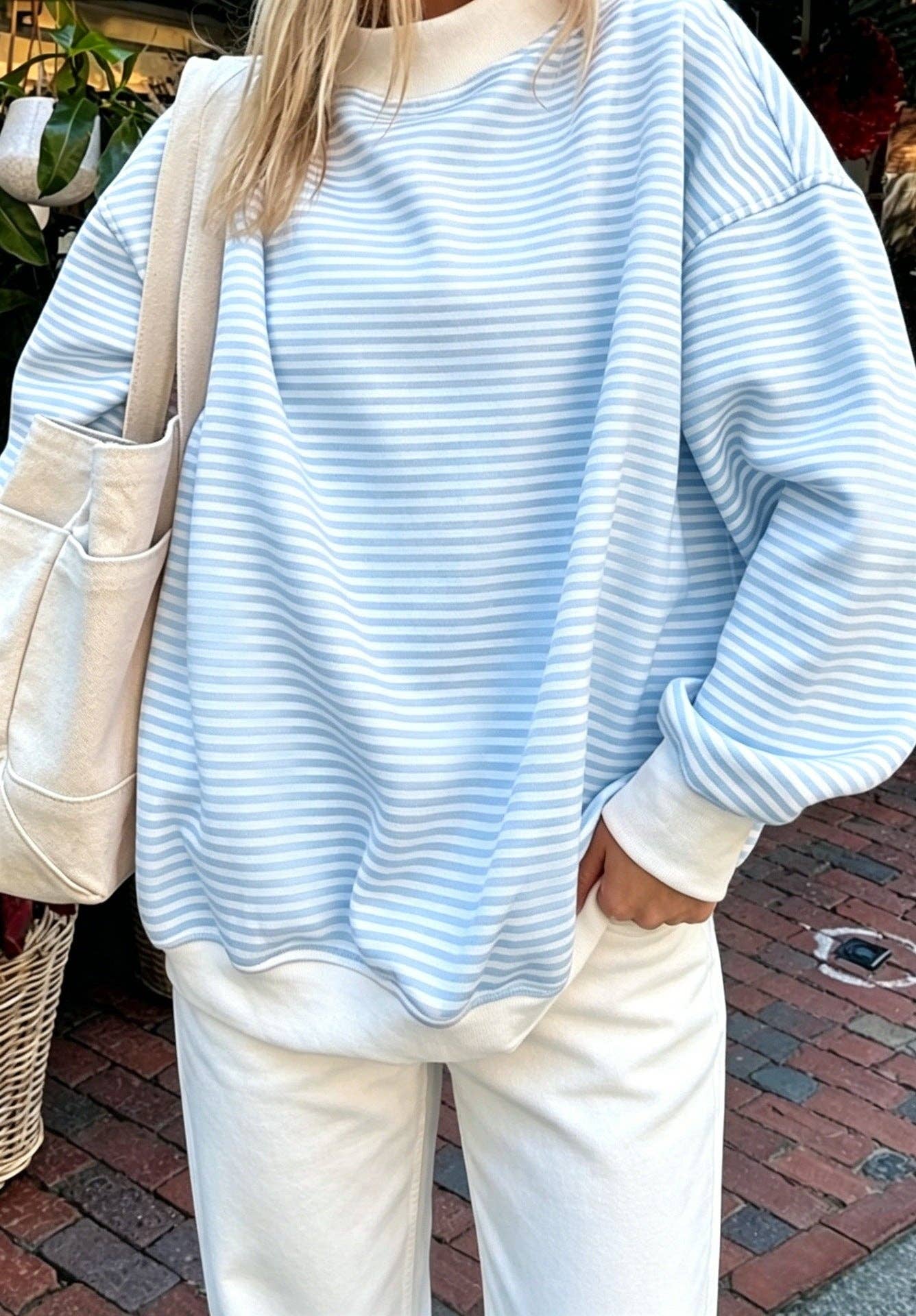 Striped Cotton Sweatshirt Oversized Long Sleeve Top