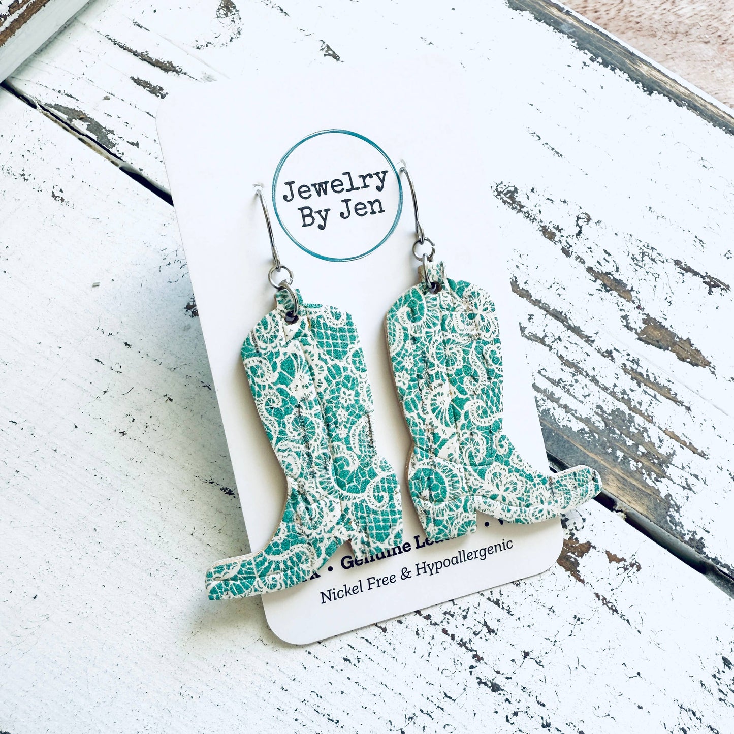Cowgirl Boot Earrings: Aqua Lace