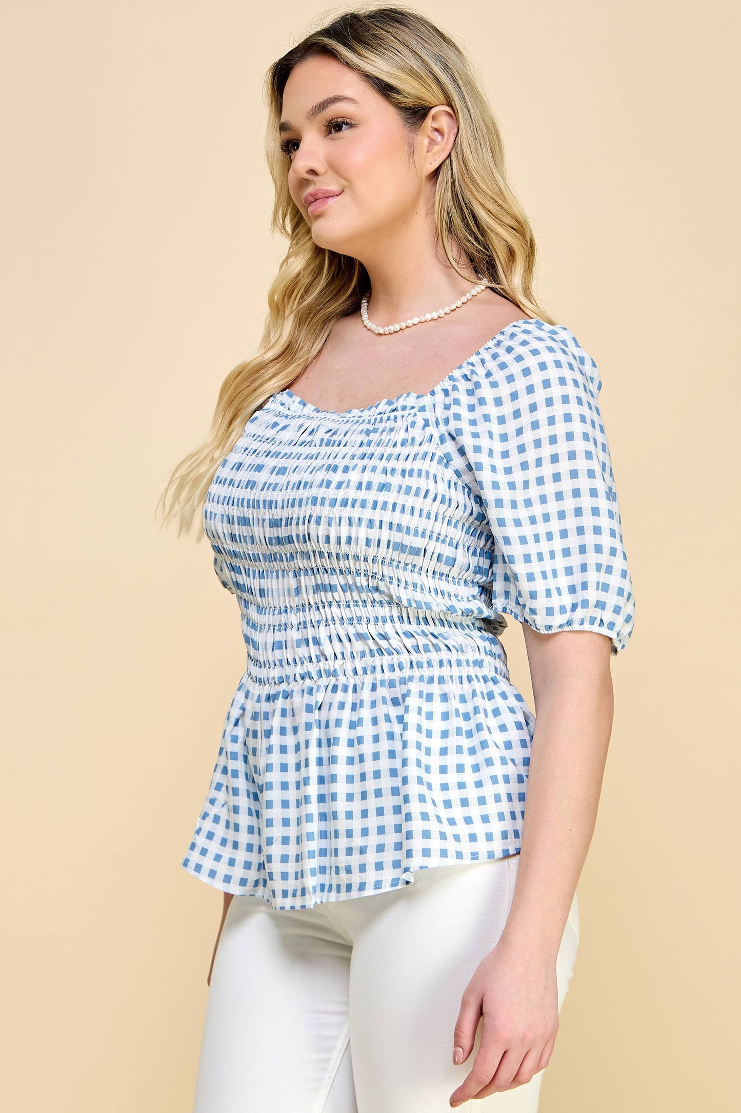 PLUS SIZE PUFF SLEEVE SMOCK BABY DOLL TOP