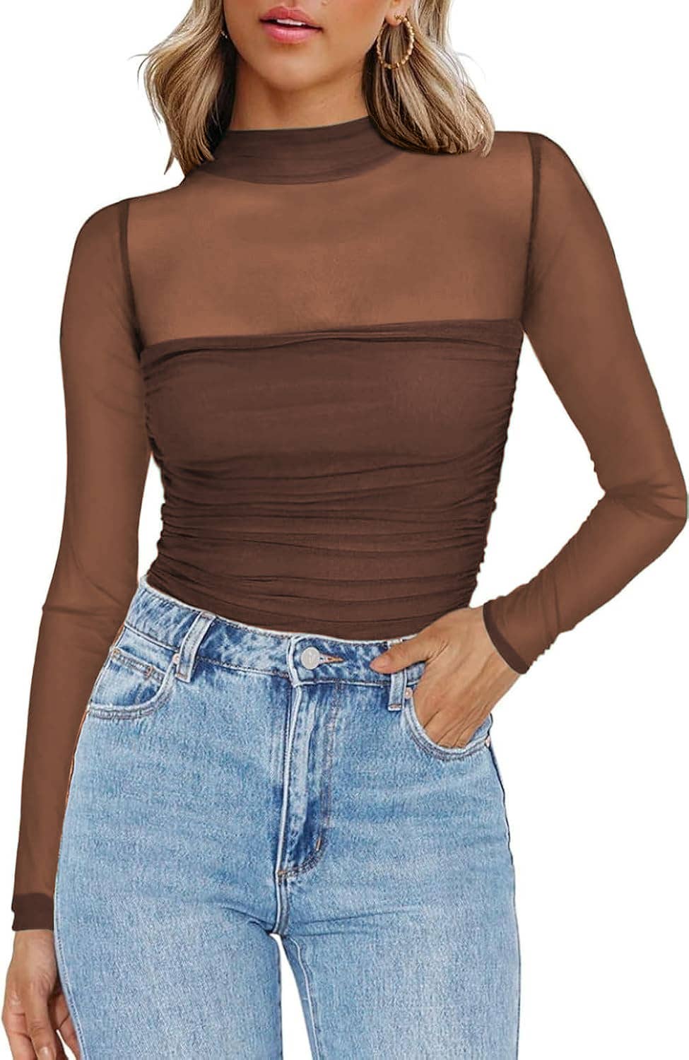 Solid Mesh Long Sleeve Top