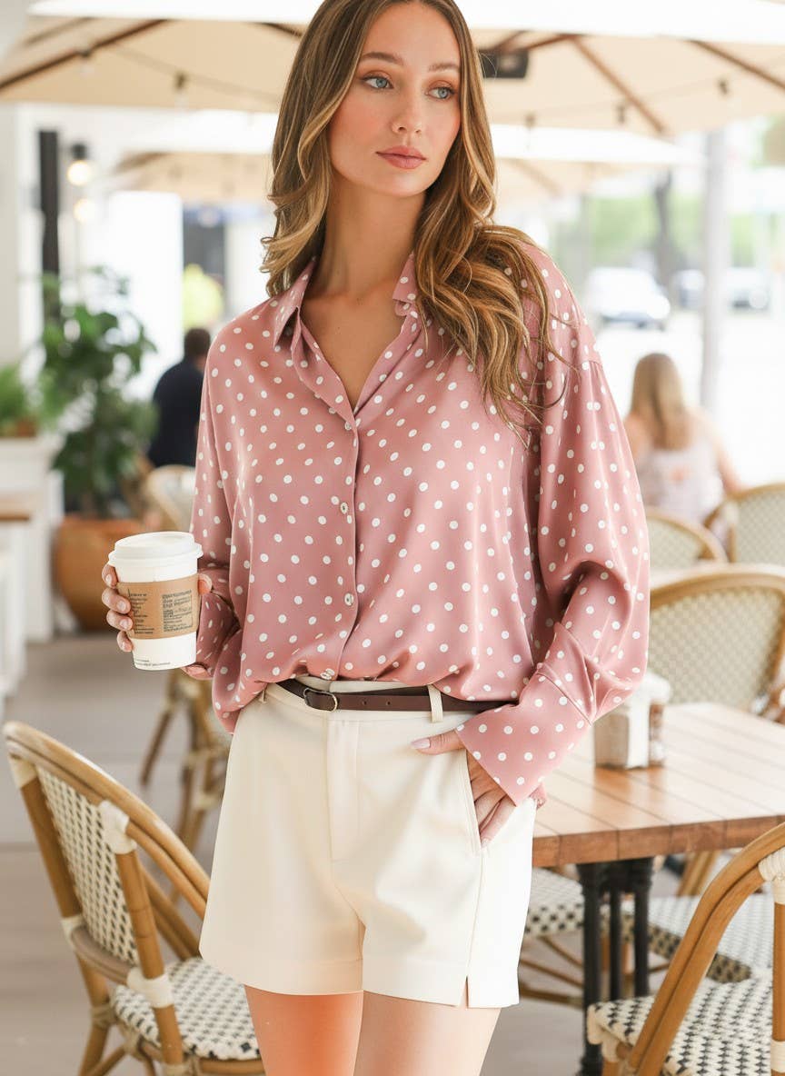 Polka Dot Collared Long-Sleeve Satin Blouse Top VT81294B