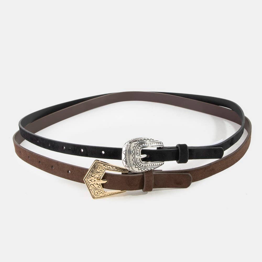 Embroidered Buckle Black And Brown Vegan Leather Belt Set