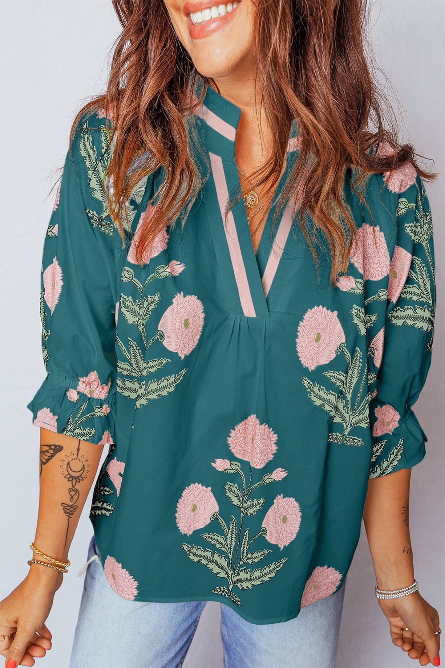 Summer Wild Flower Print V Neck 3/4 Sleeve Blouse
