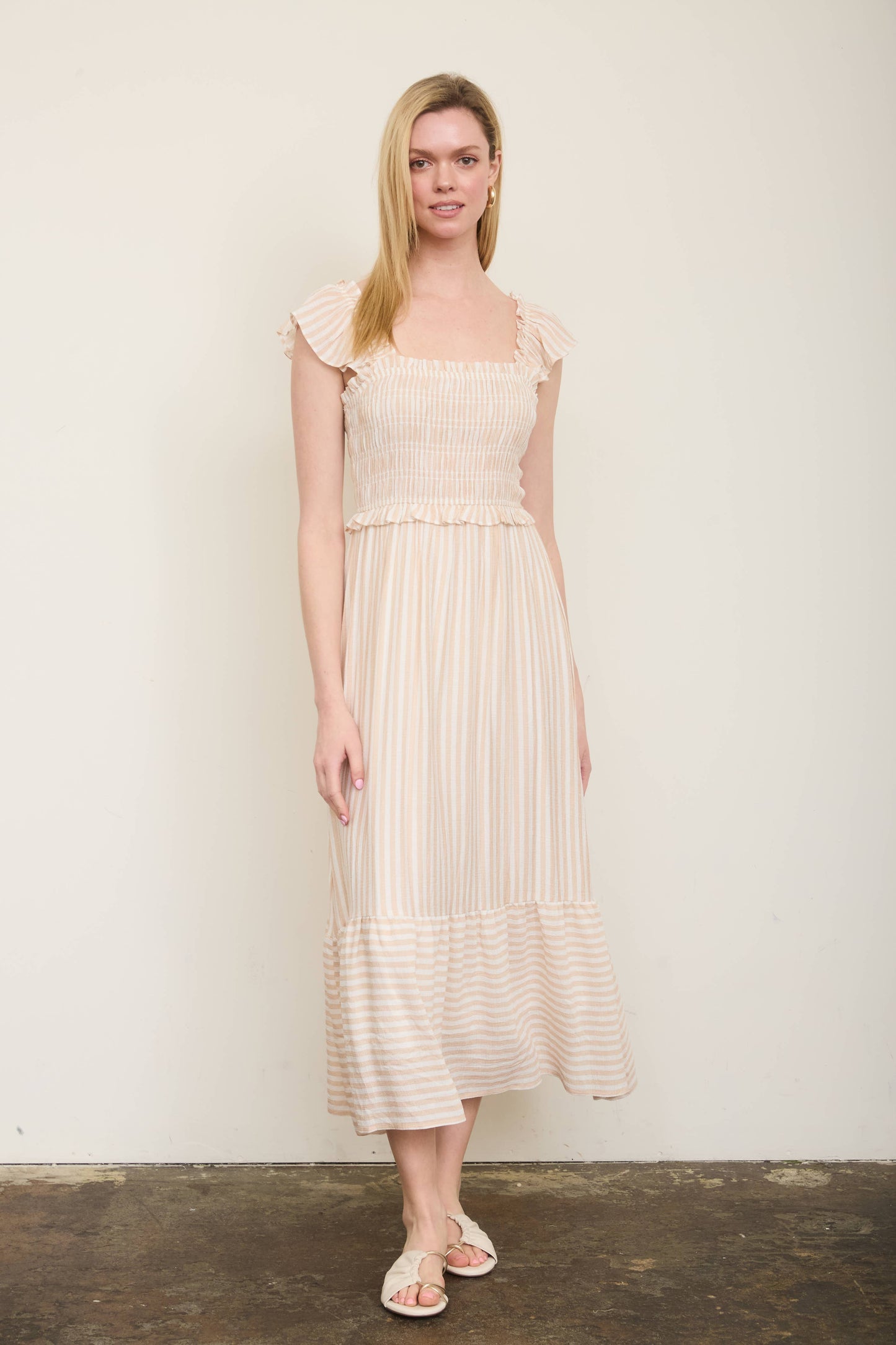 STRIPE SMOCKED RUFFLE TRIM MIDI DRESS