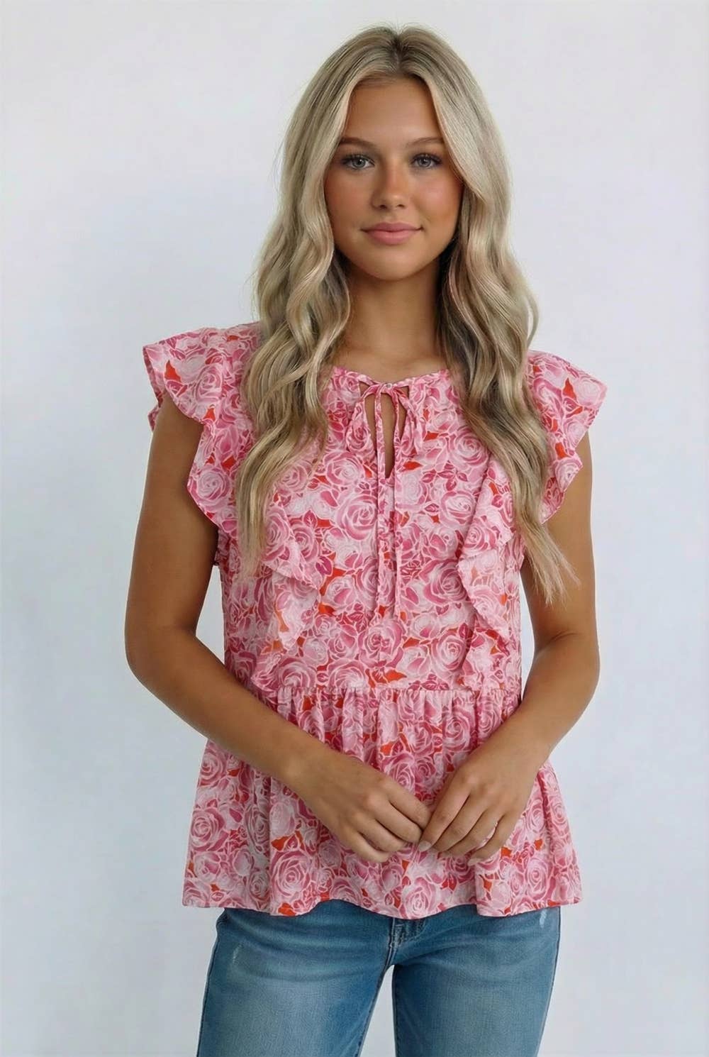 KEYHOLE RUFFLE BABYDOLL SLEEVELESS FLORAL BLOUSE