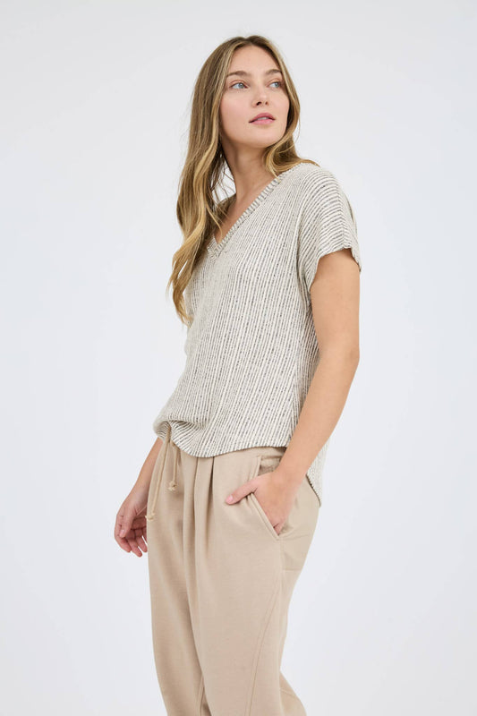 PLUS V NECK EXTENDED SHORT SLEEVE SWEATER KNIT TOP