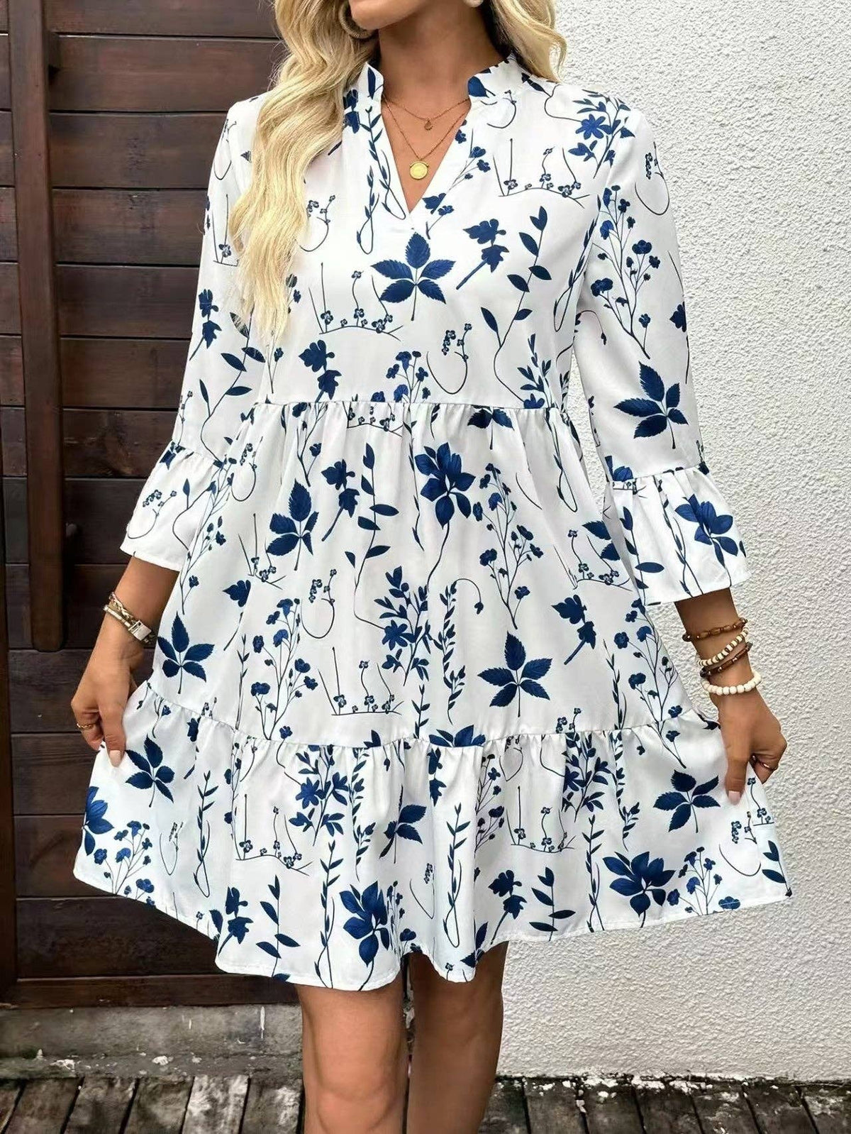 Coquette Flare Sleeve Ditsy Floral Relaxed Fall Mini Dress