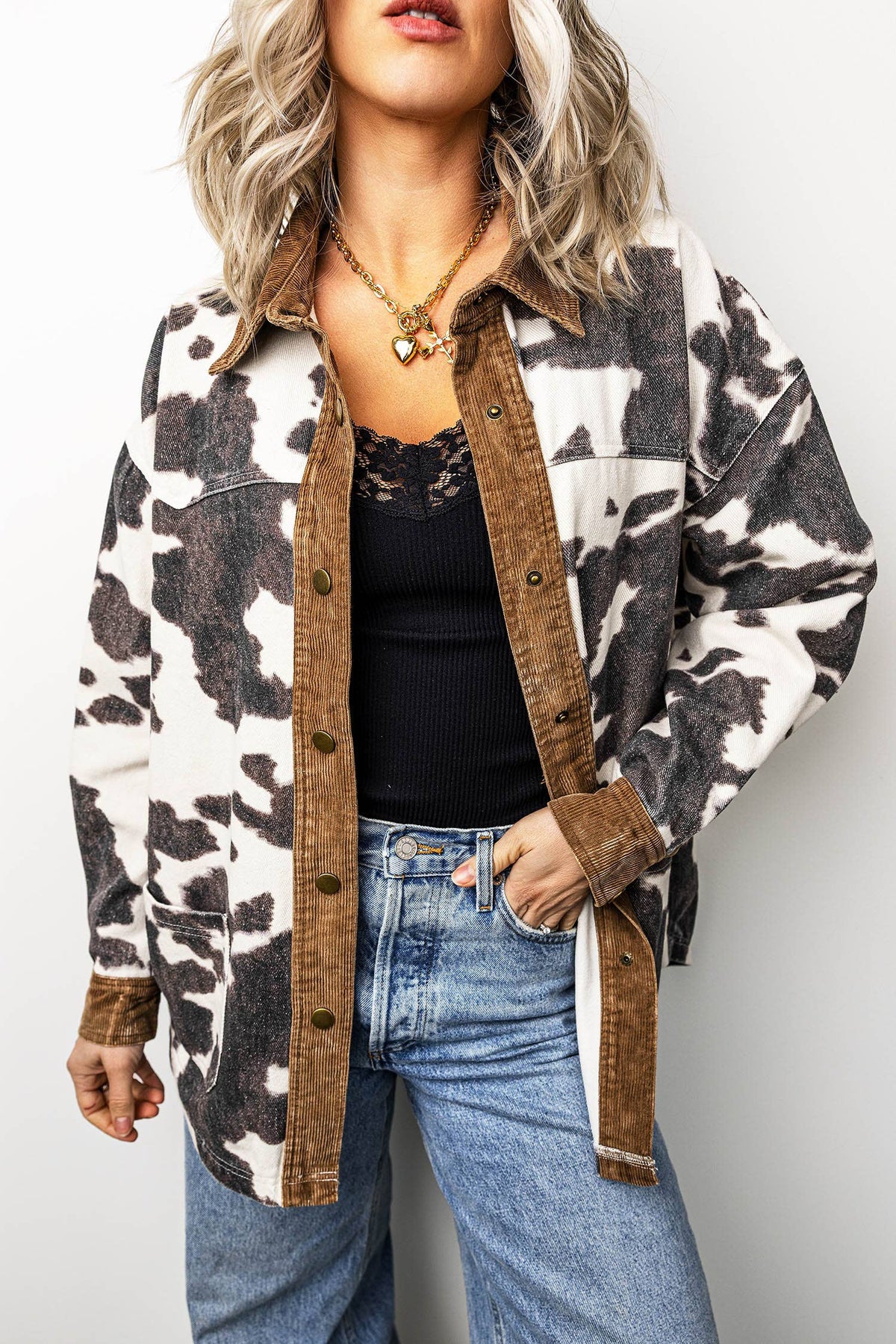 LDC Western Cow Print Long Sleeve Button-Up Denim Jacket