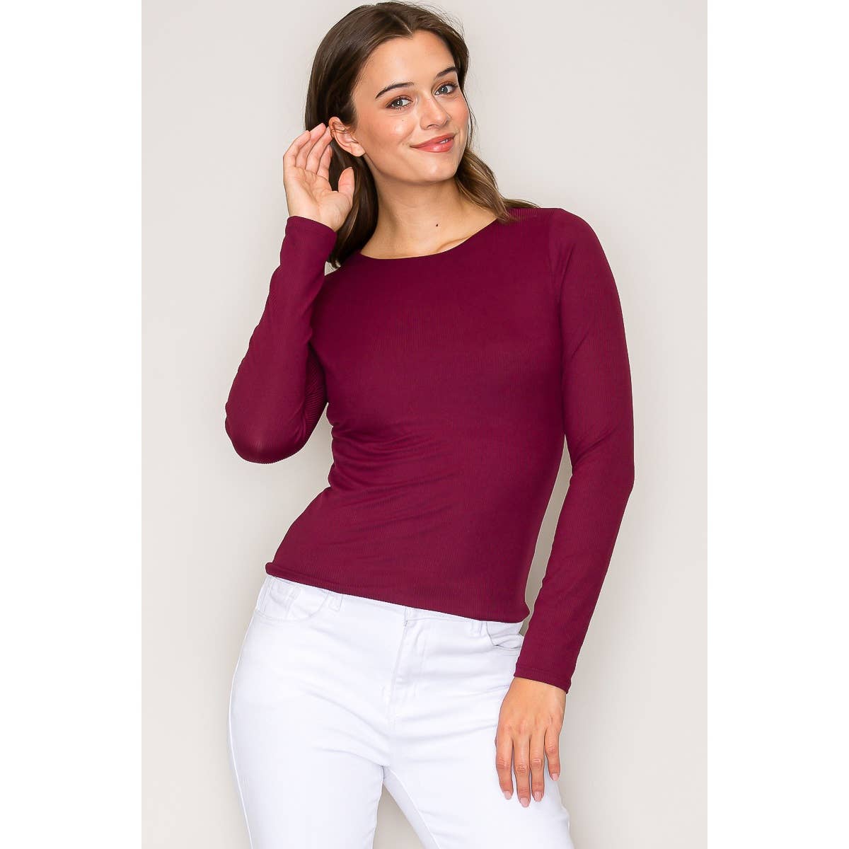 Double Layer Crew Neck Long Sleeve Rib Knit Top