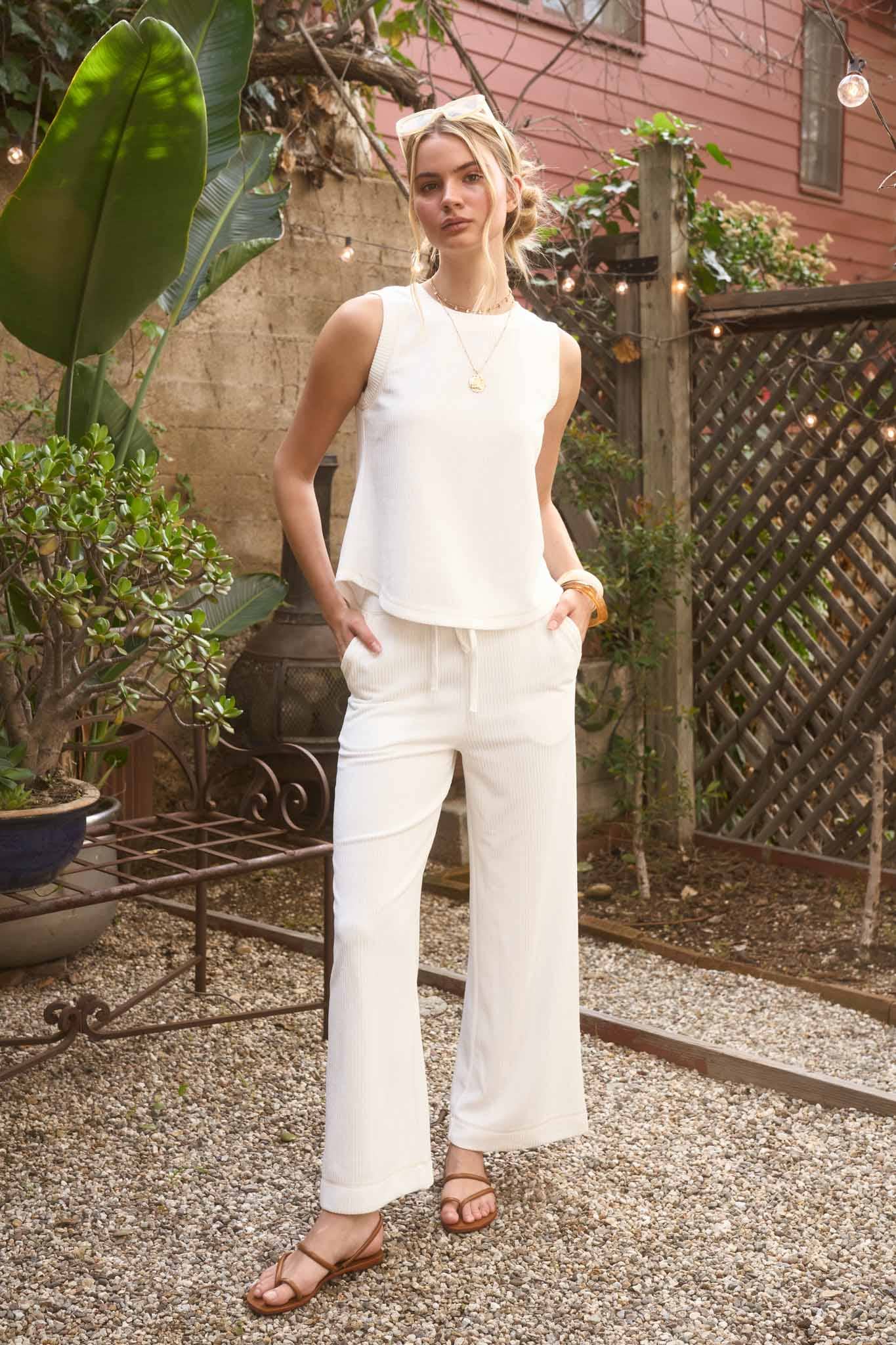 DRAWSTRING DETAIL RIBBED KNIT LOUNGE PANTS