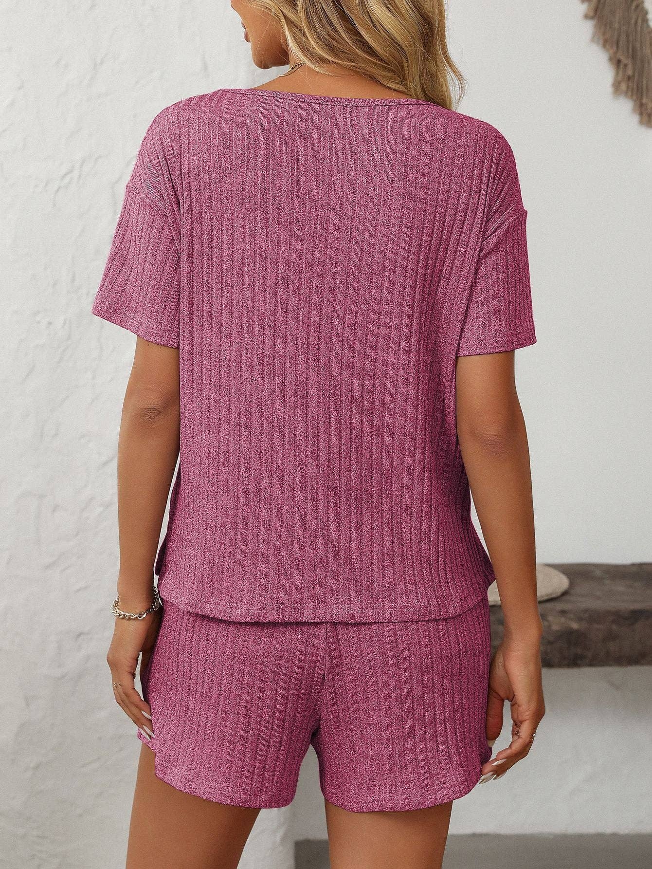 Solid Color Ribbed Short-Sleeve Pajama Loungewear Set