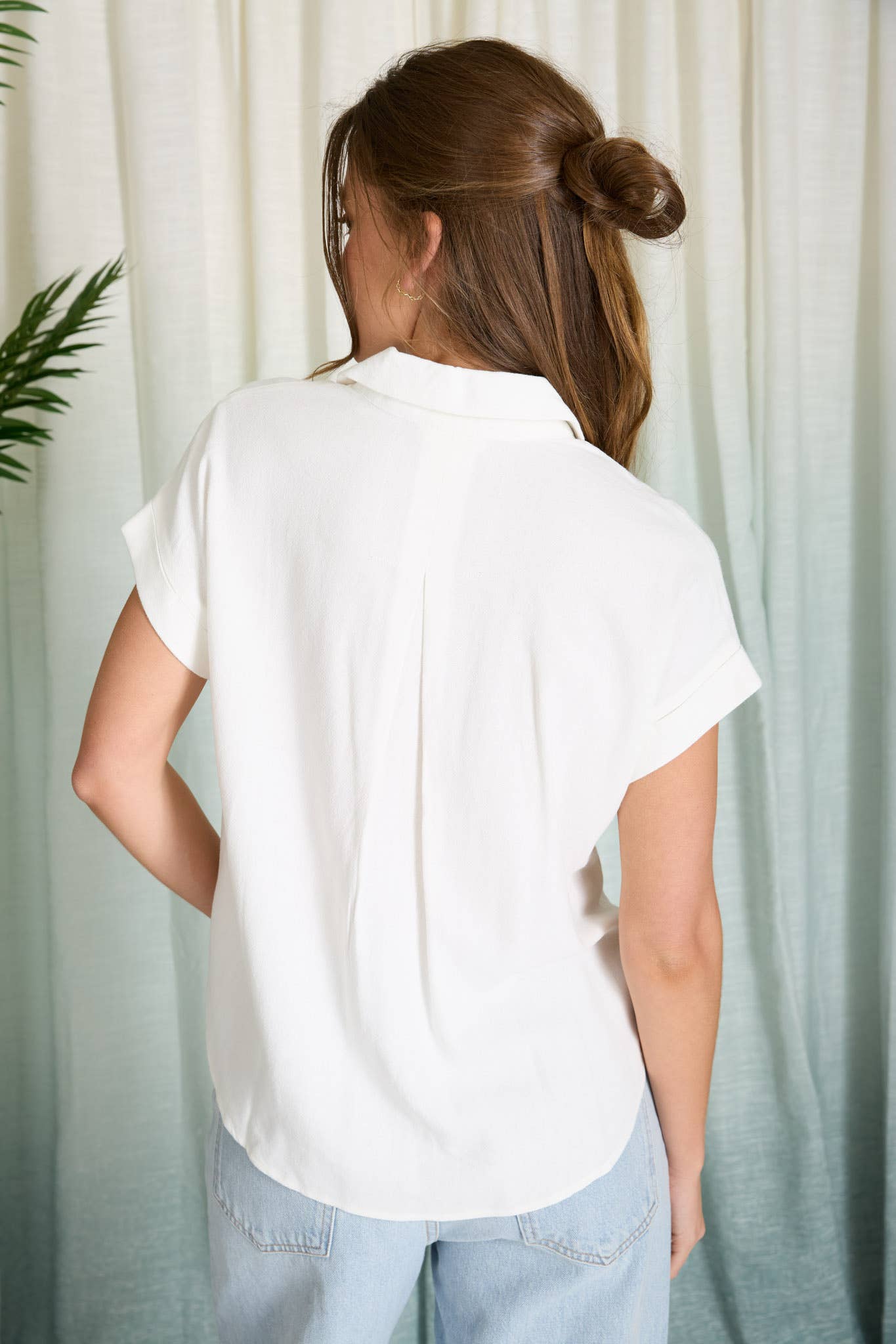 COLLARED SPLIT NECK CUFF SLEEVE U HEM LINEN TOP