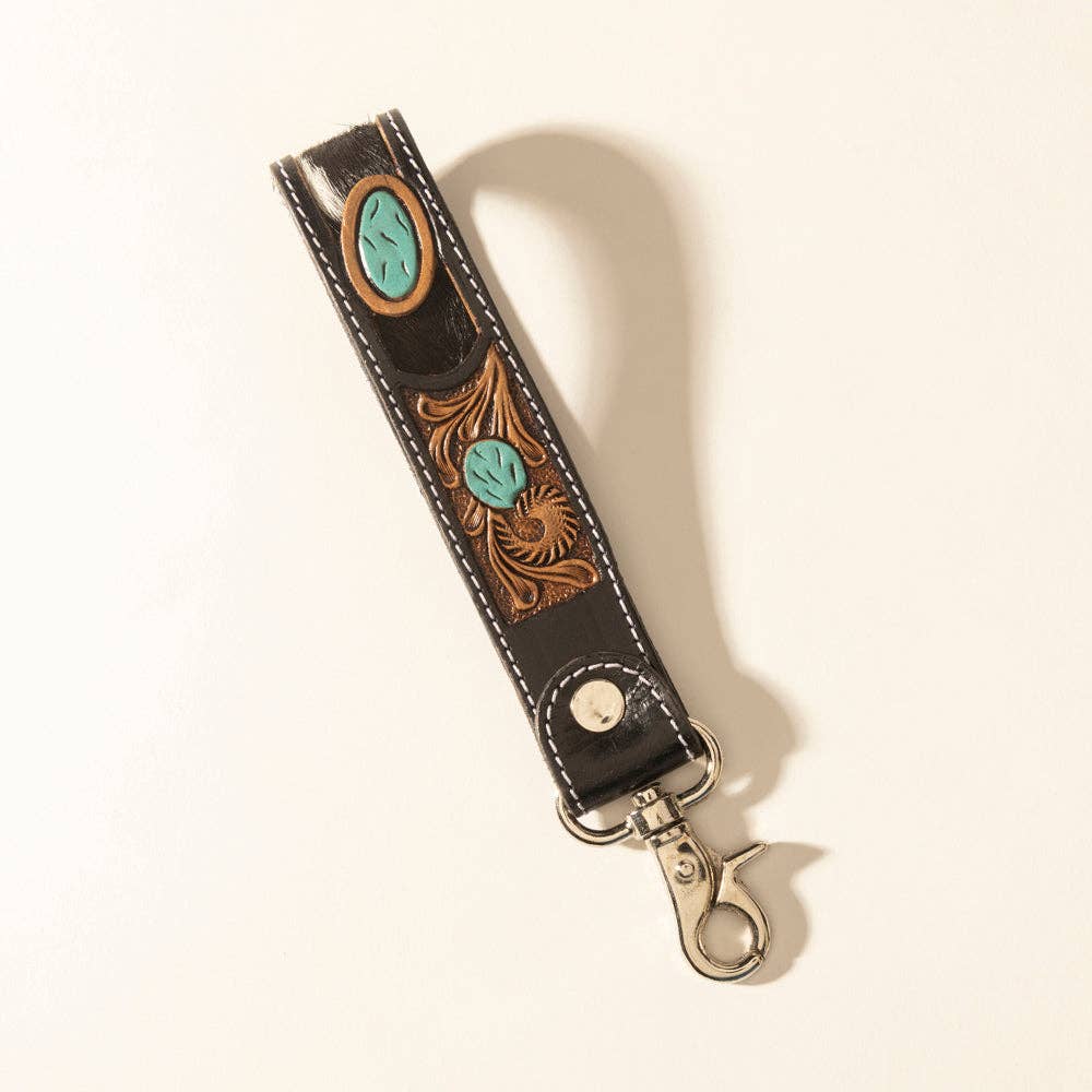 Myra Tallin Bloom Handtooled Leather Keyfob in Saddle Sky